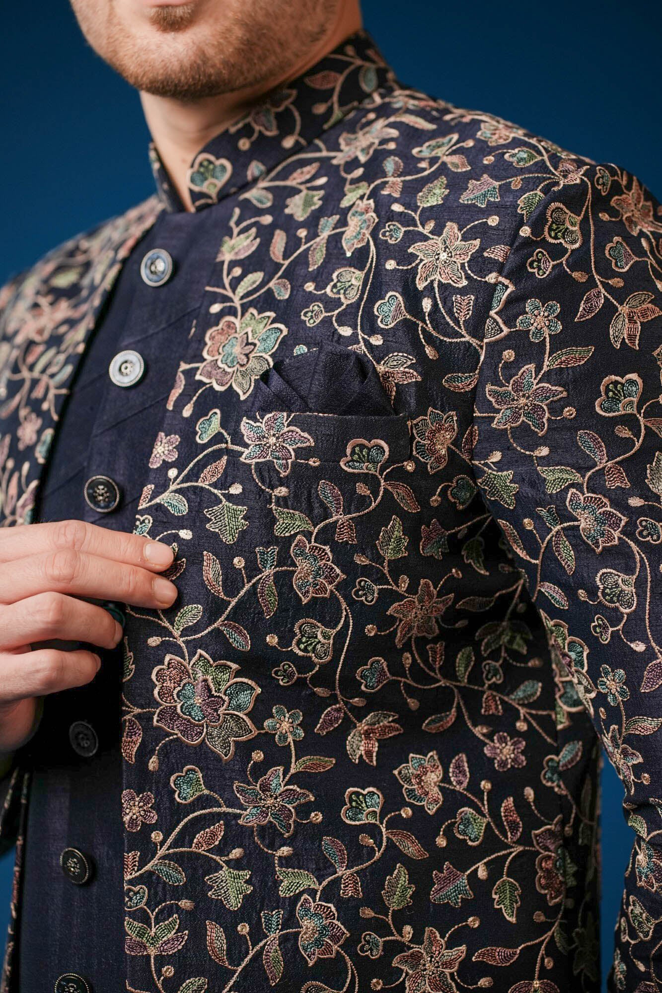 Blue Embroidered Indo Western Set