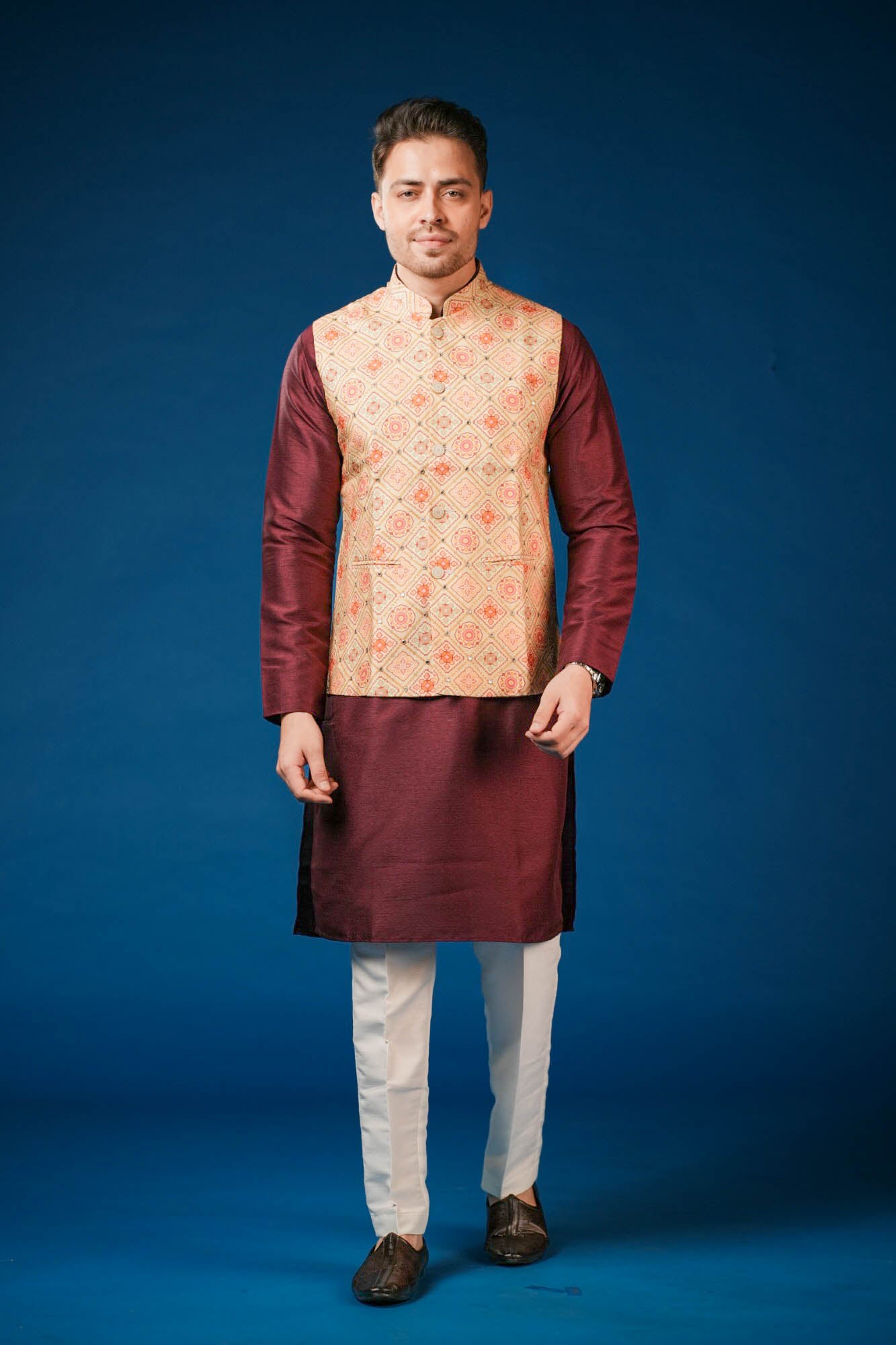 Maroon Lucknowi Print Koti Set