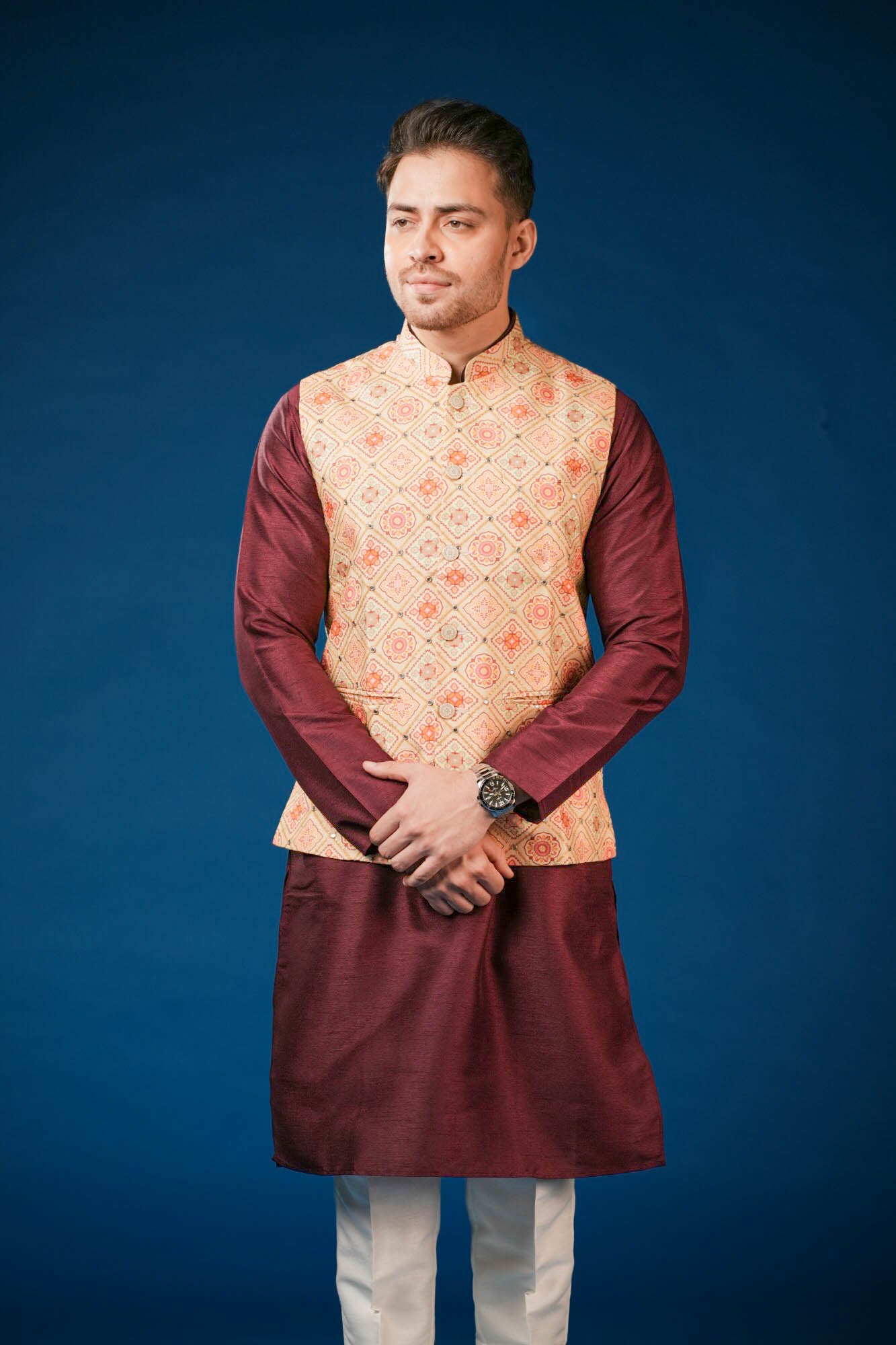 Maroon Lucknowi Print Koti Set