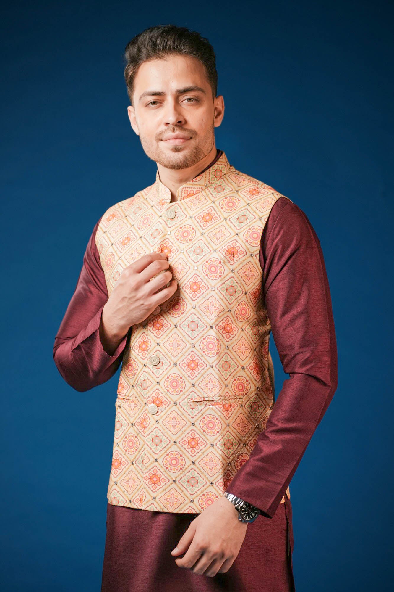 Maroon Lucknowi Print Koti Set