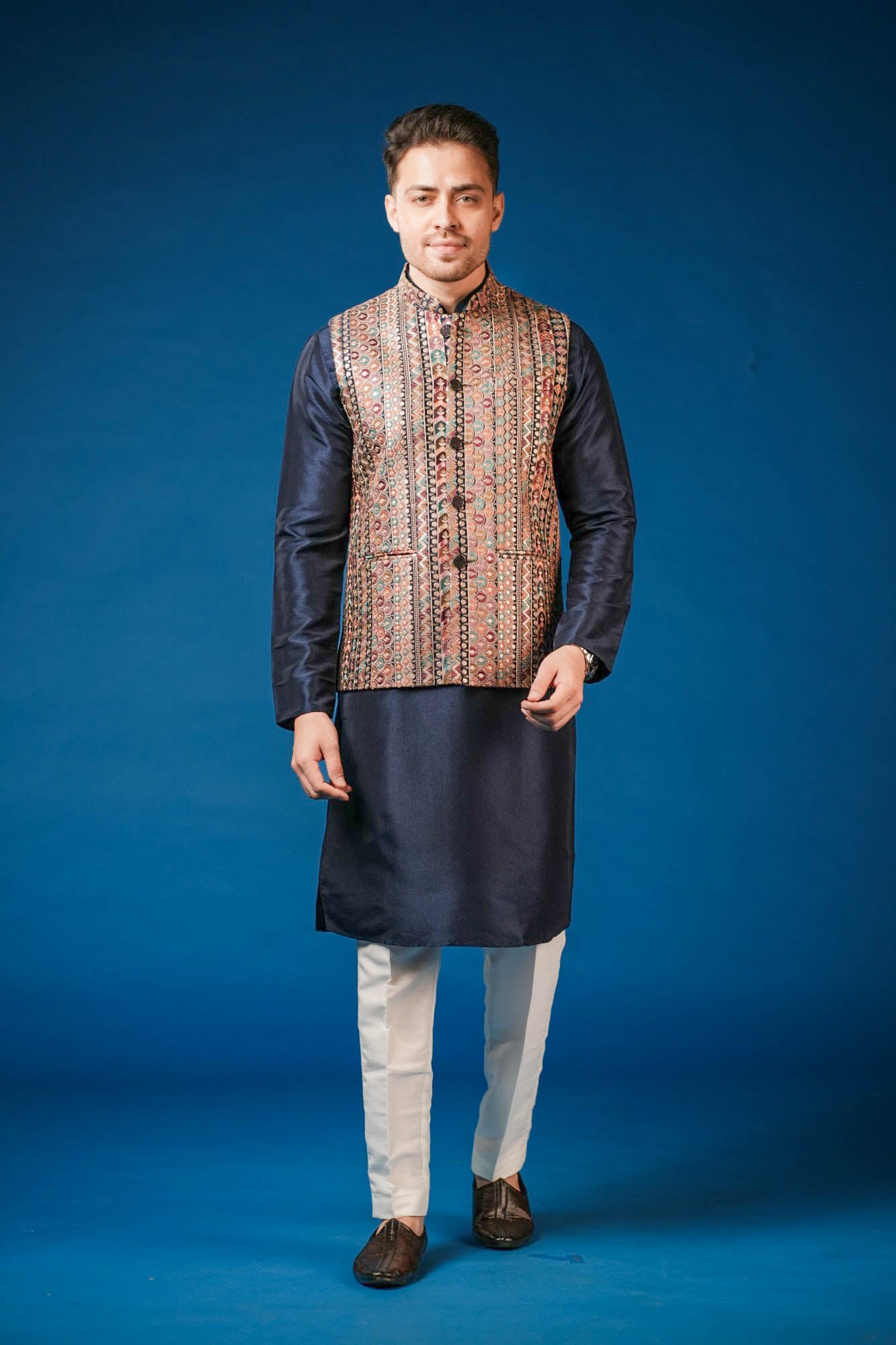 Navy Blue Embroidered Koti Set