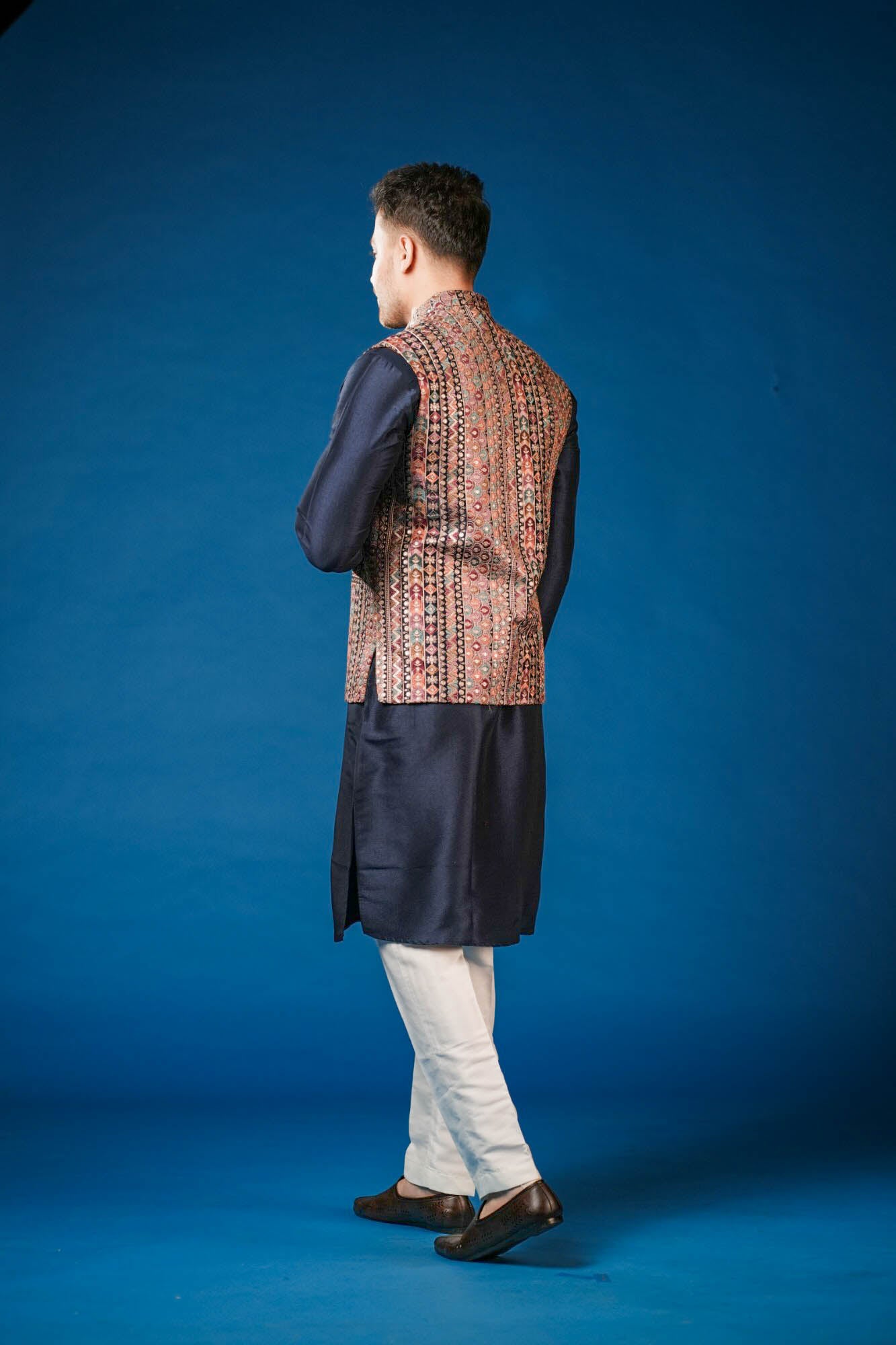 Navy Blue Embroidered Koti Set