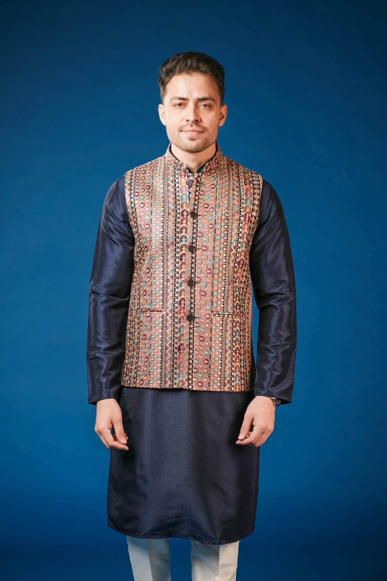 Navy Blue Embroidered Koti Set