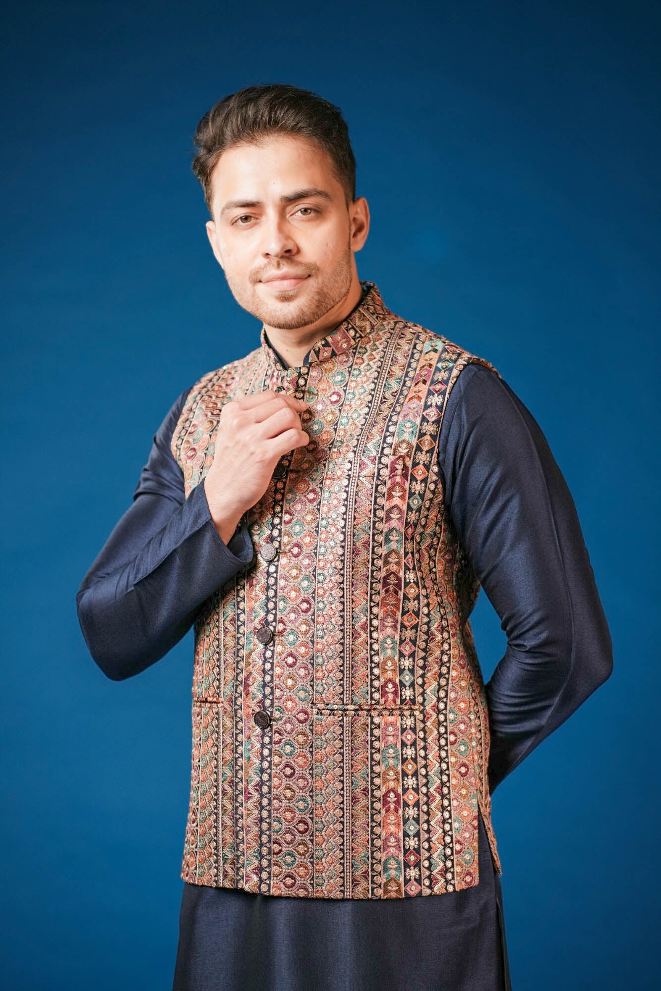 Navy Blue Embroidered Koti Set