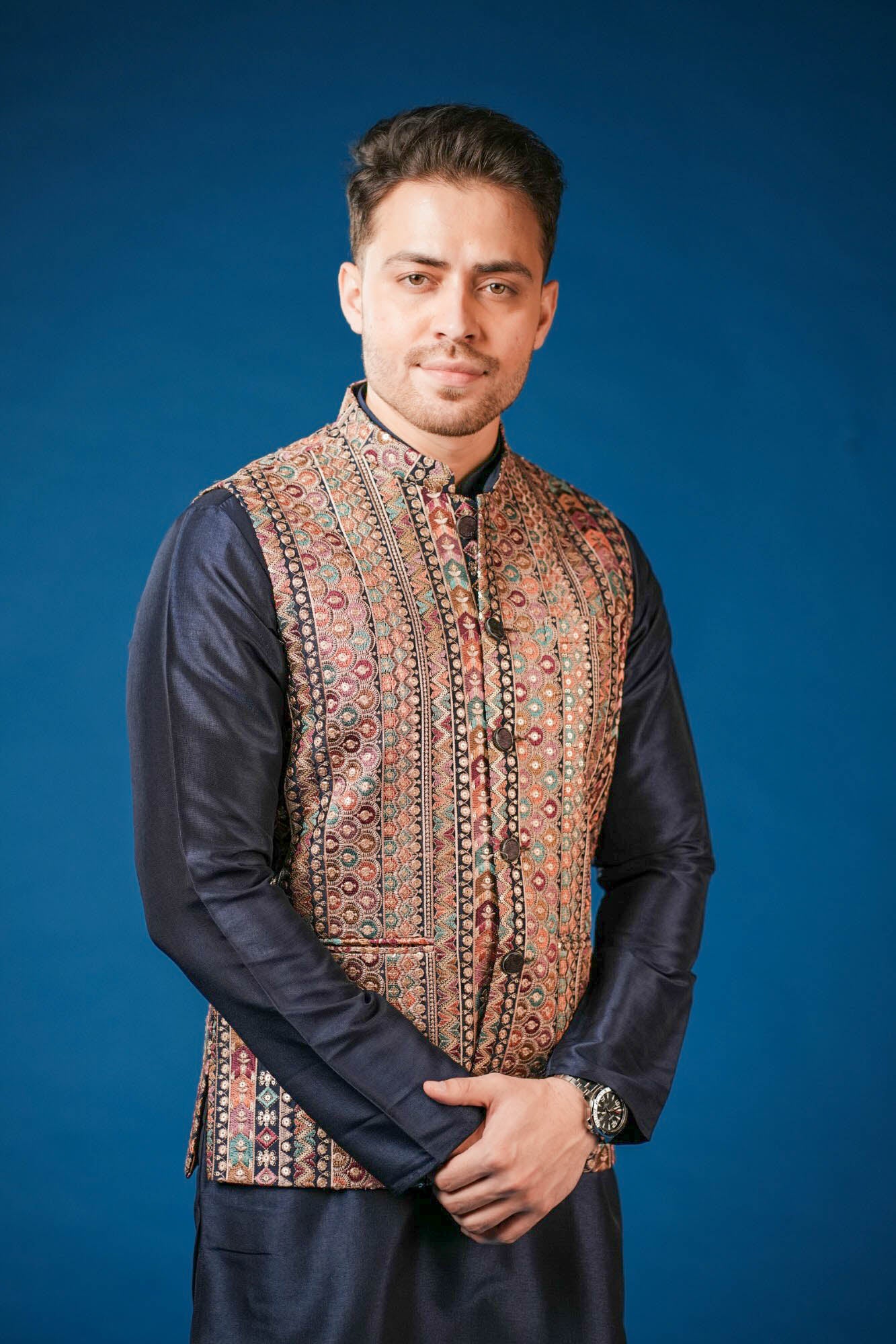 Navy Blue Embroidered Koti Set