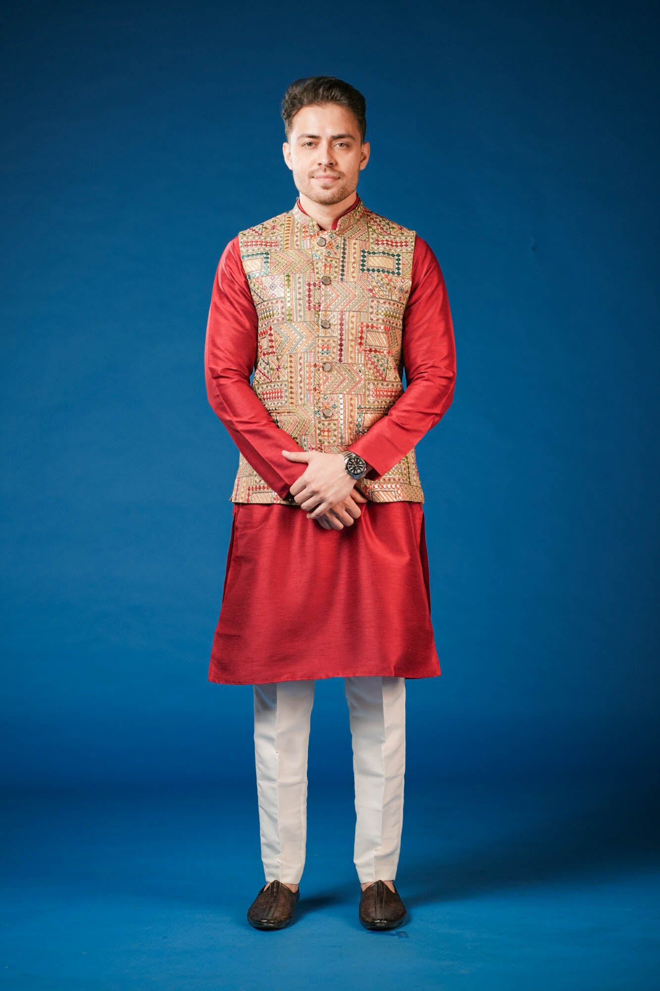 Red Maroon Embroidered Koti Set