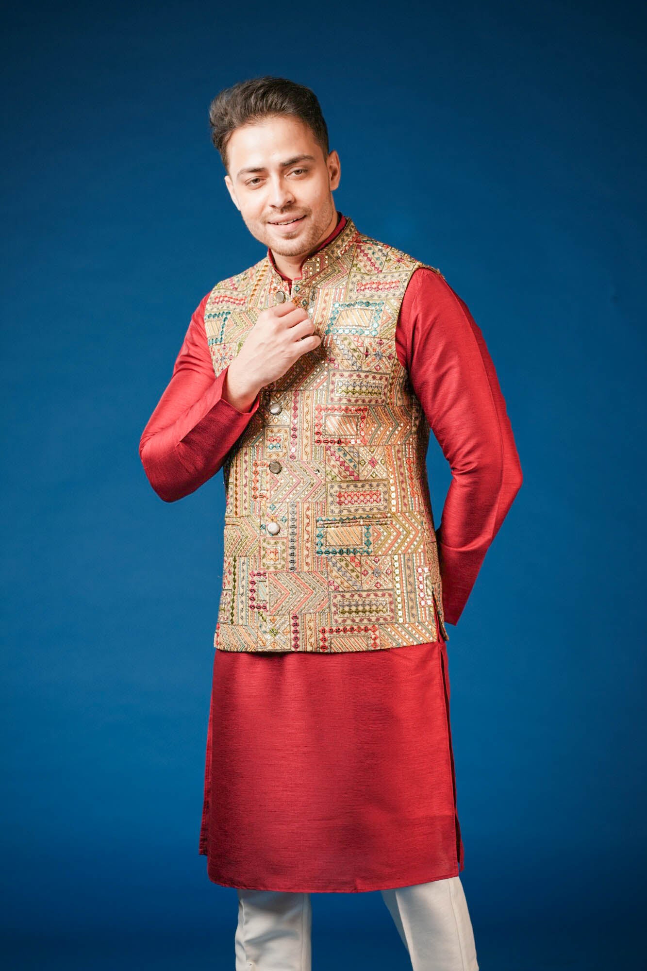 Red Maroon Embroidered Koti Set