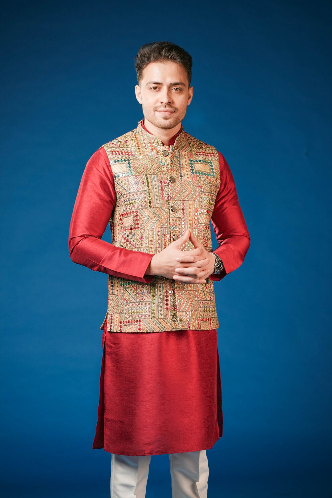 Red Maroon Embroidered Koti Set