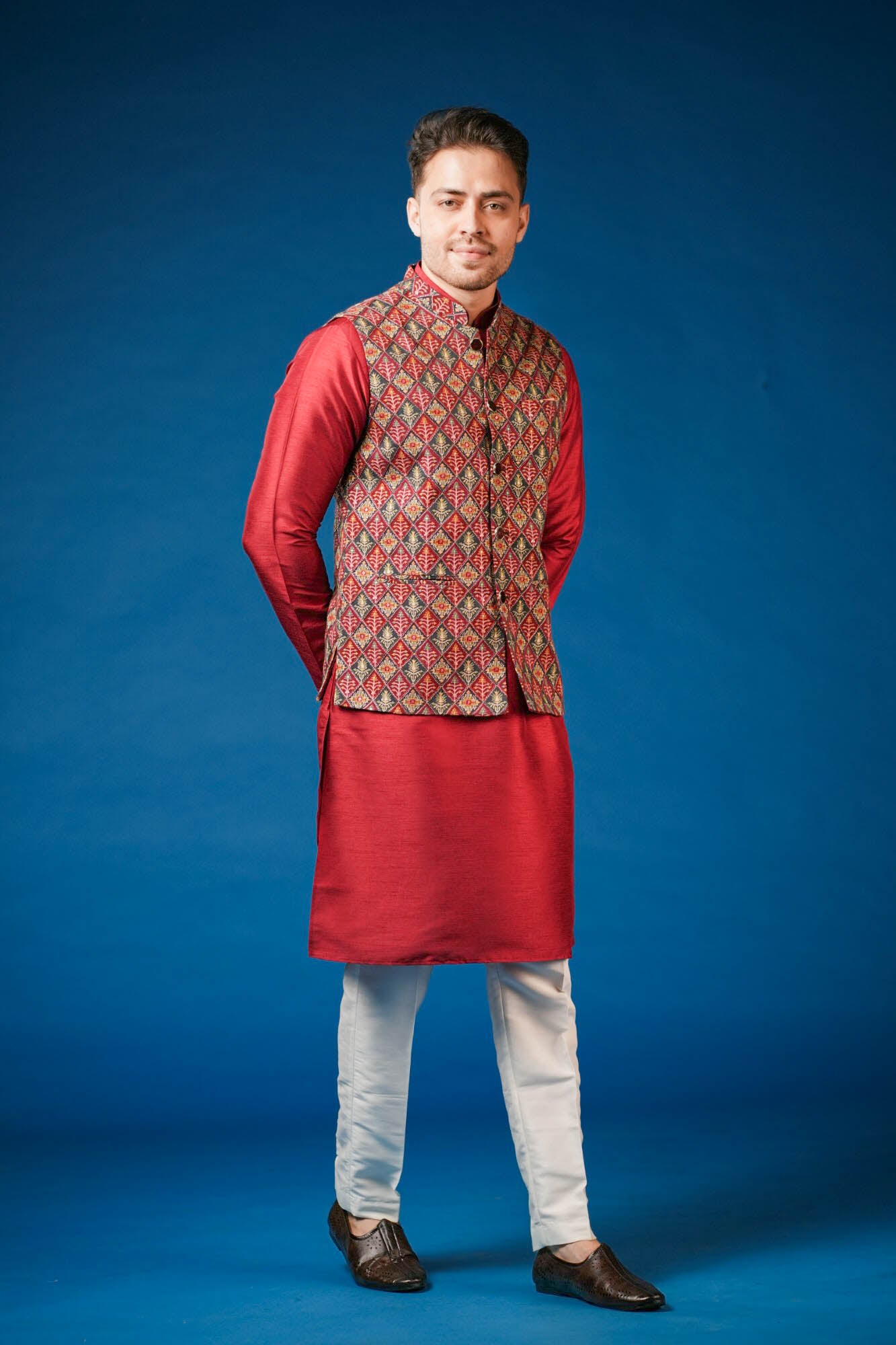 Red Maroon Position Print Lucknowi Koti Set