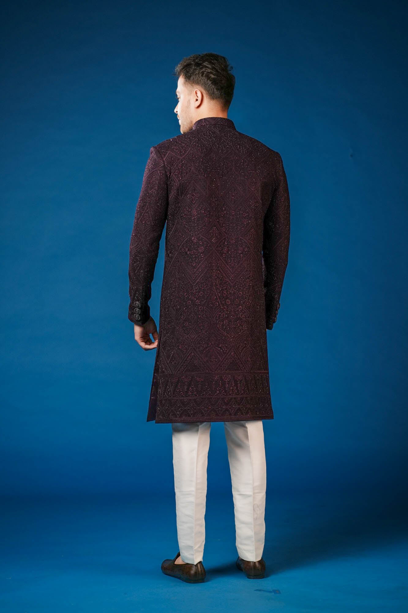 Wine Purple Heavy Embroidered Nawabi Set