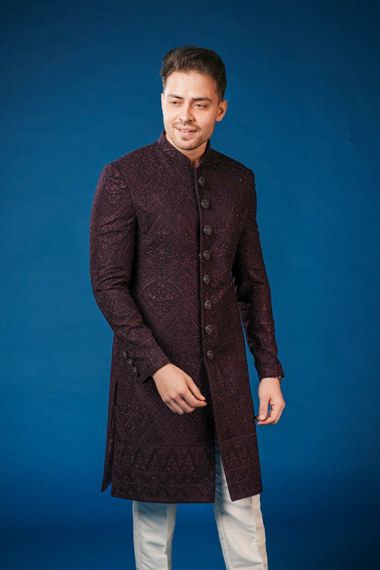 Wine Purple Heavy Embroidered Nawabi Set