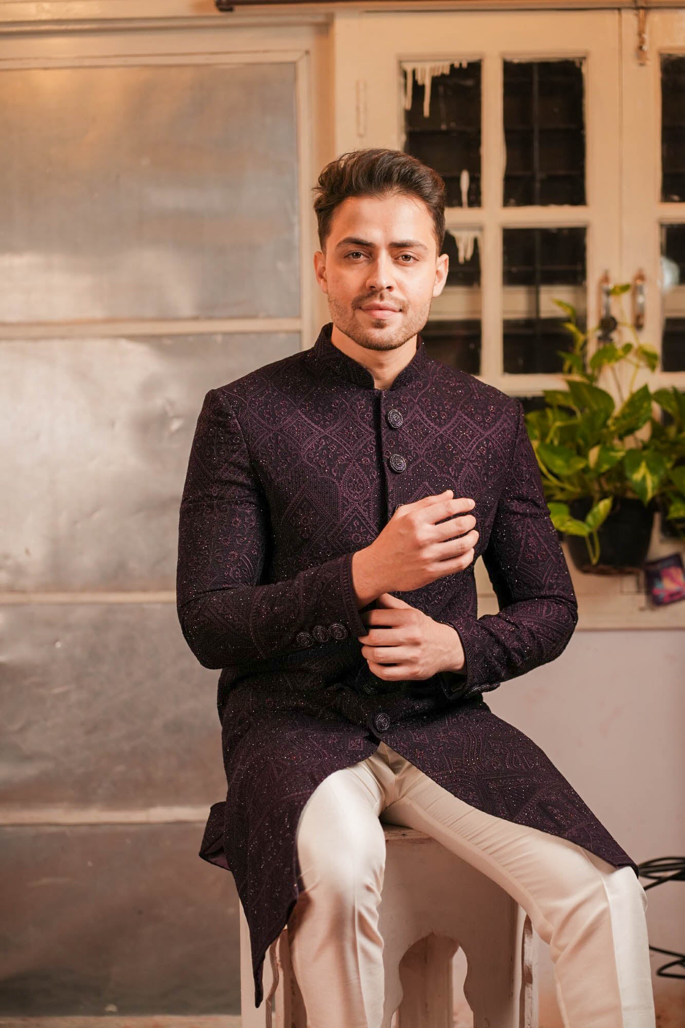 Wine Purple Heavy Embroidered Nawabi Set