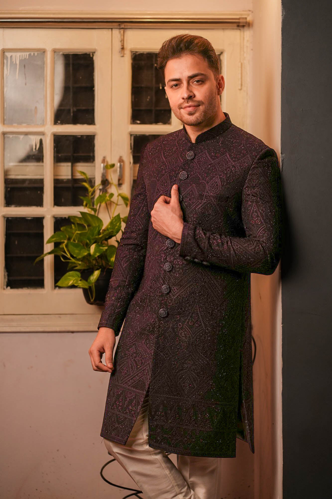 Wine Purple Heavy Embroidered Nawabi Set