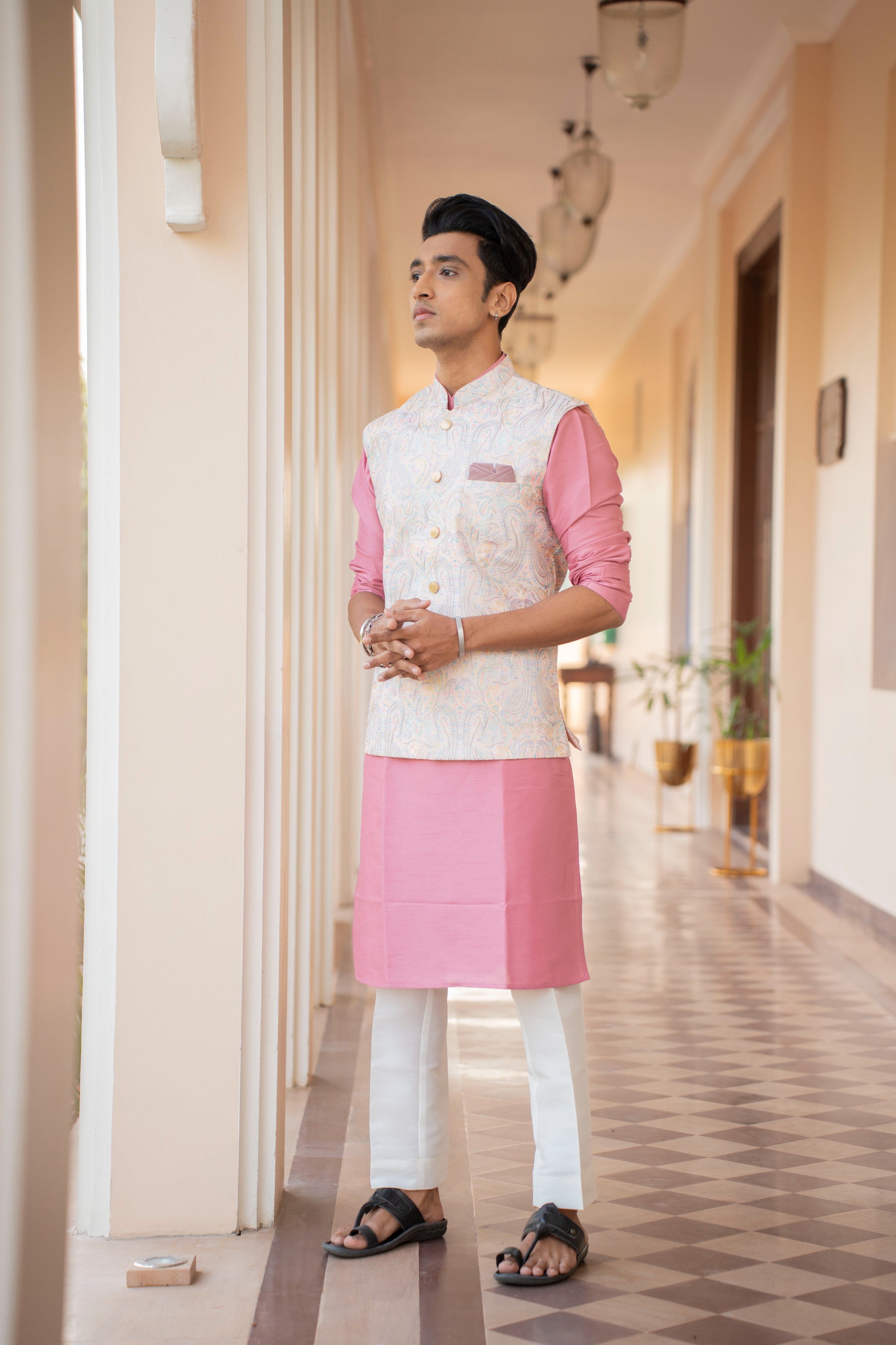 Magnet Men's Rose Pink Kurta Nehru Jacket Set