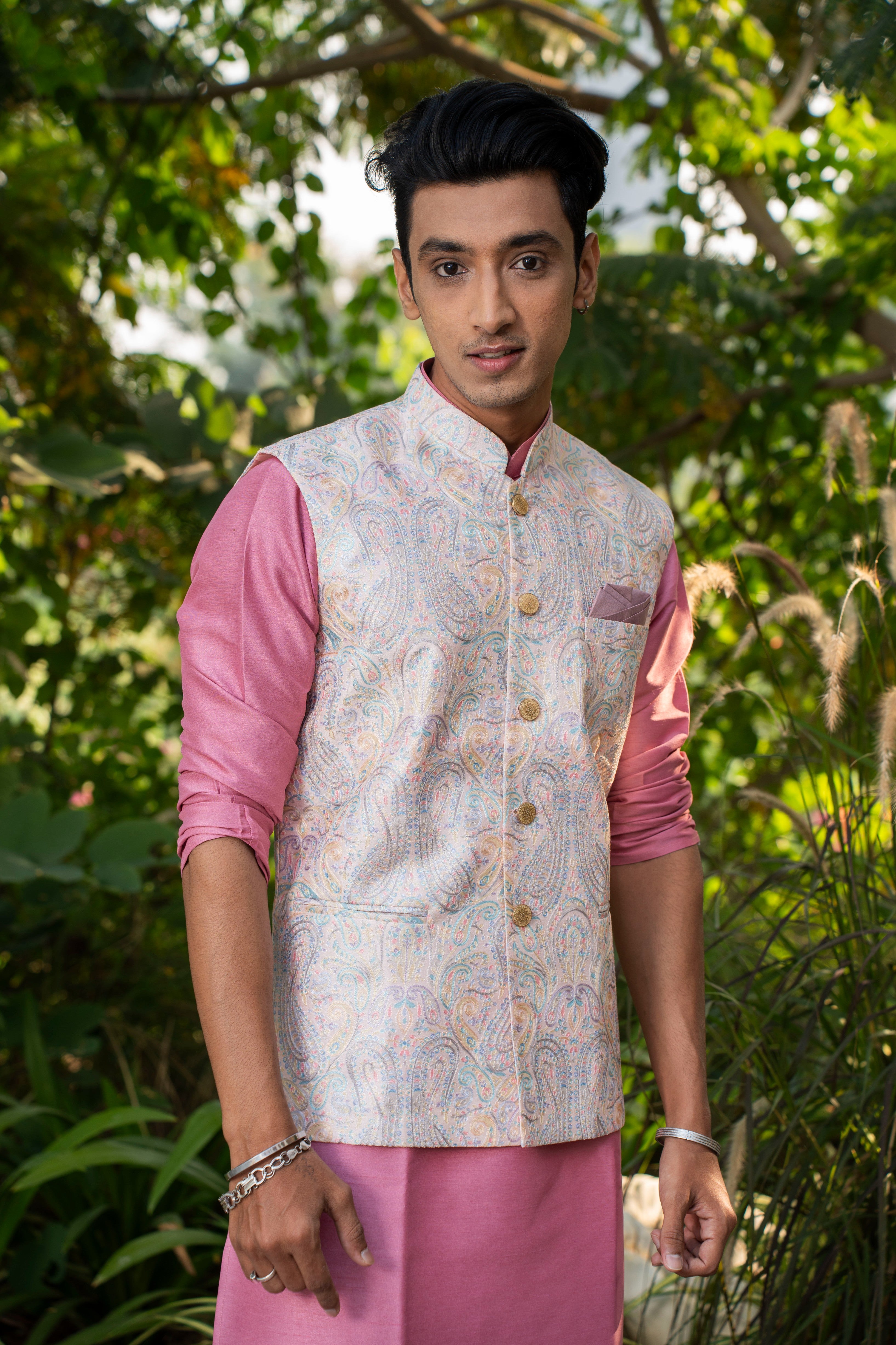 Magnet Men's Rose Pink Kurta Nehru Jacket Set