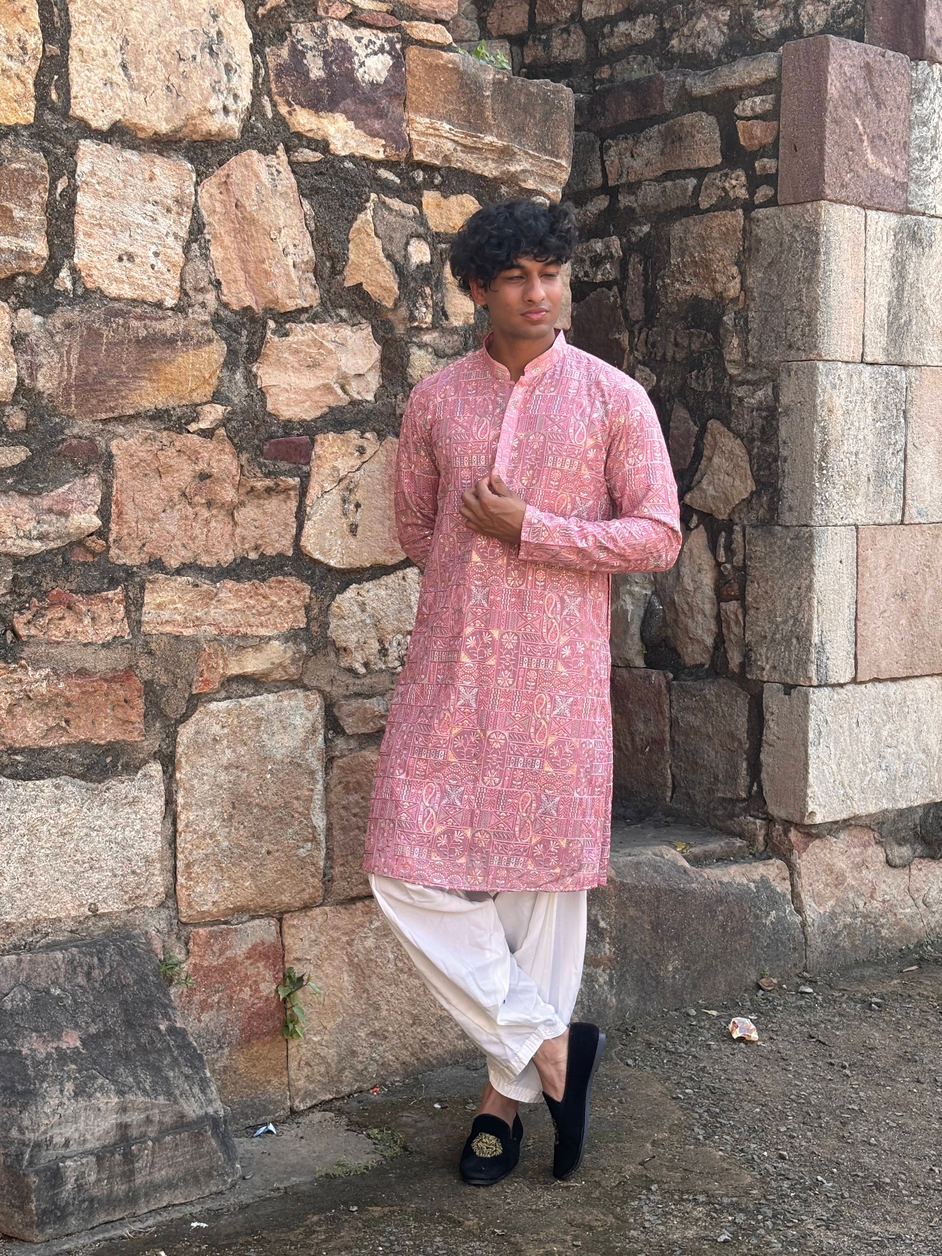 Pink Multi Thread Lucknowi Work Kurta Patiala Set