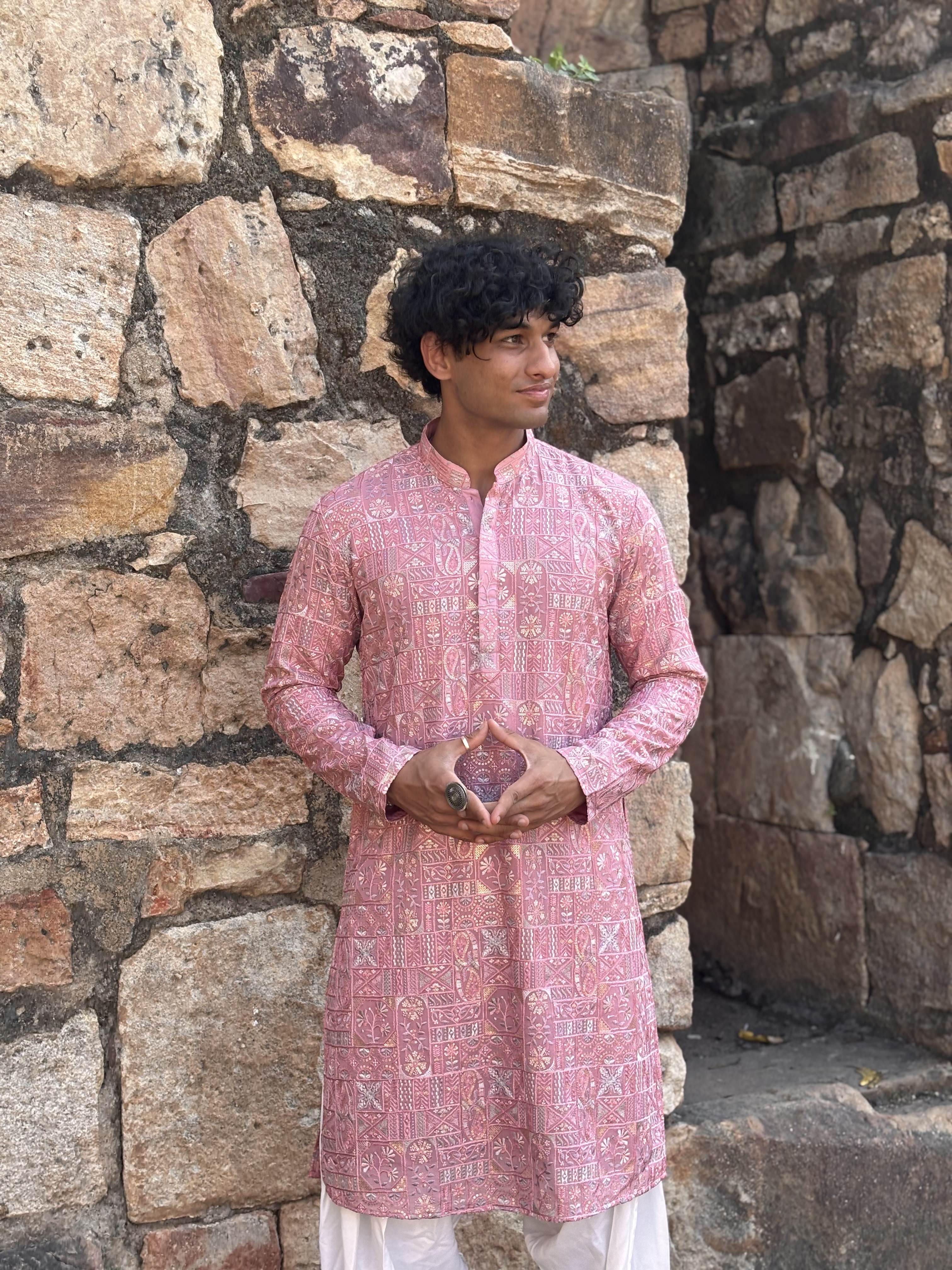 Pink Multi Thread Lucknowi Work Kurta Patiala Set