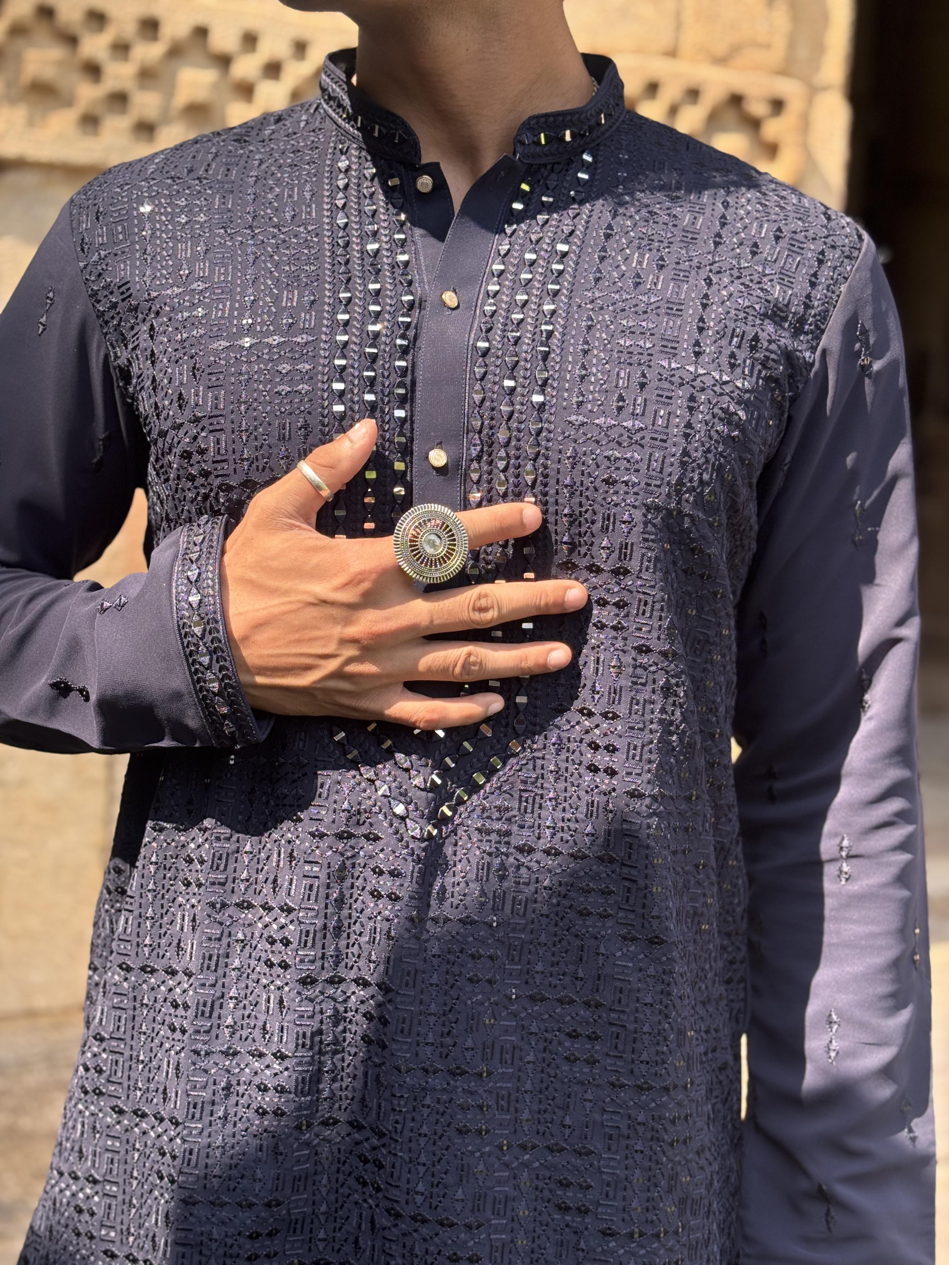 Navy Blue Lucknowi with Mirror work Kurta Patiala Set