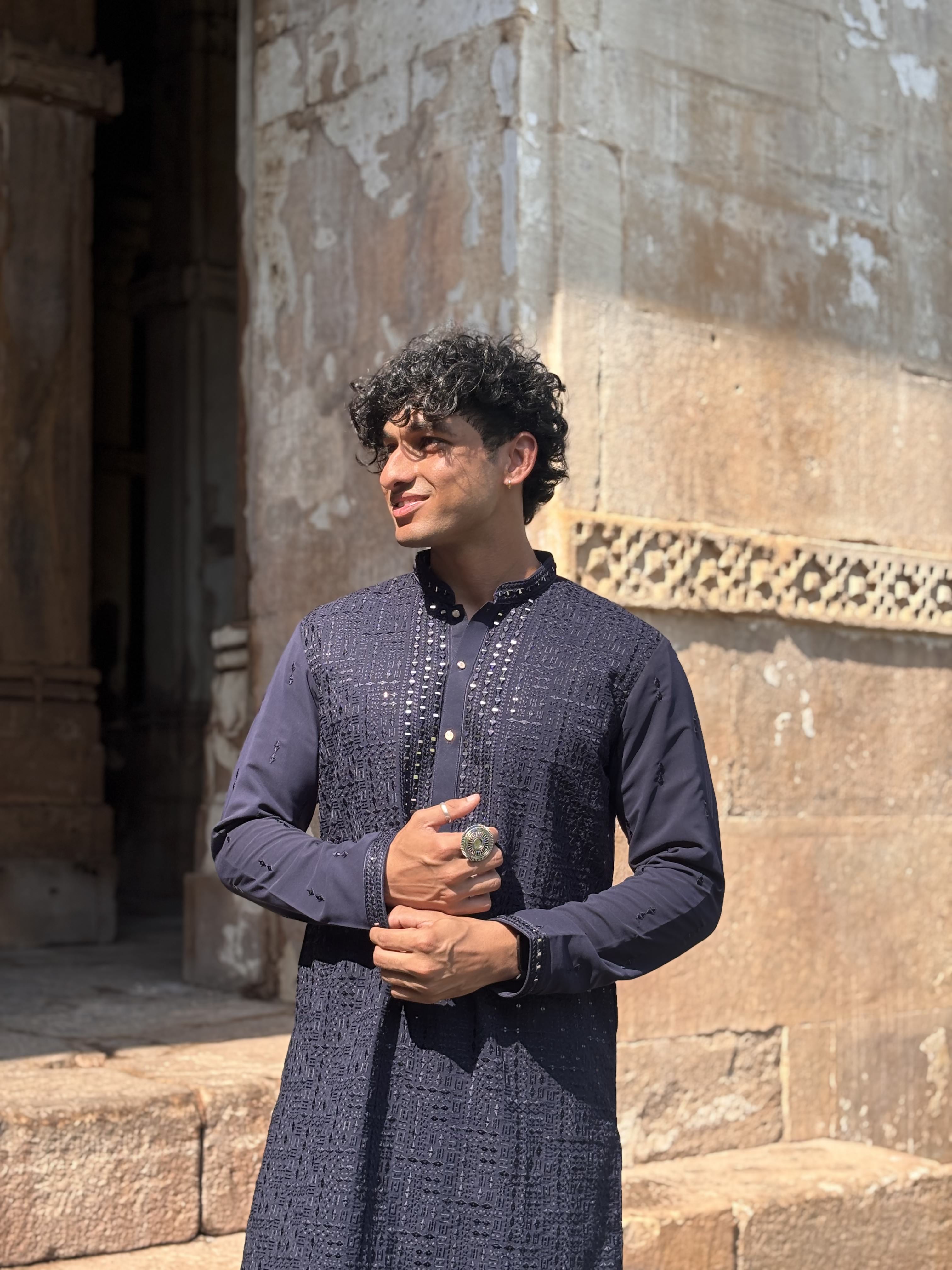 Navy Blue Lucknowi with Mirror work Kurta Patiala Set