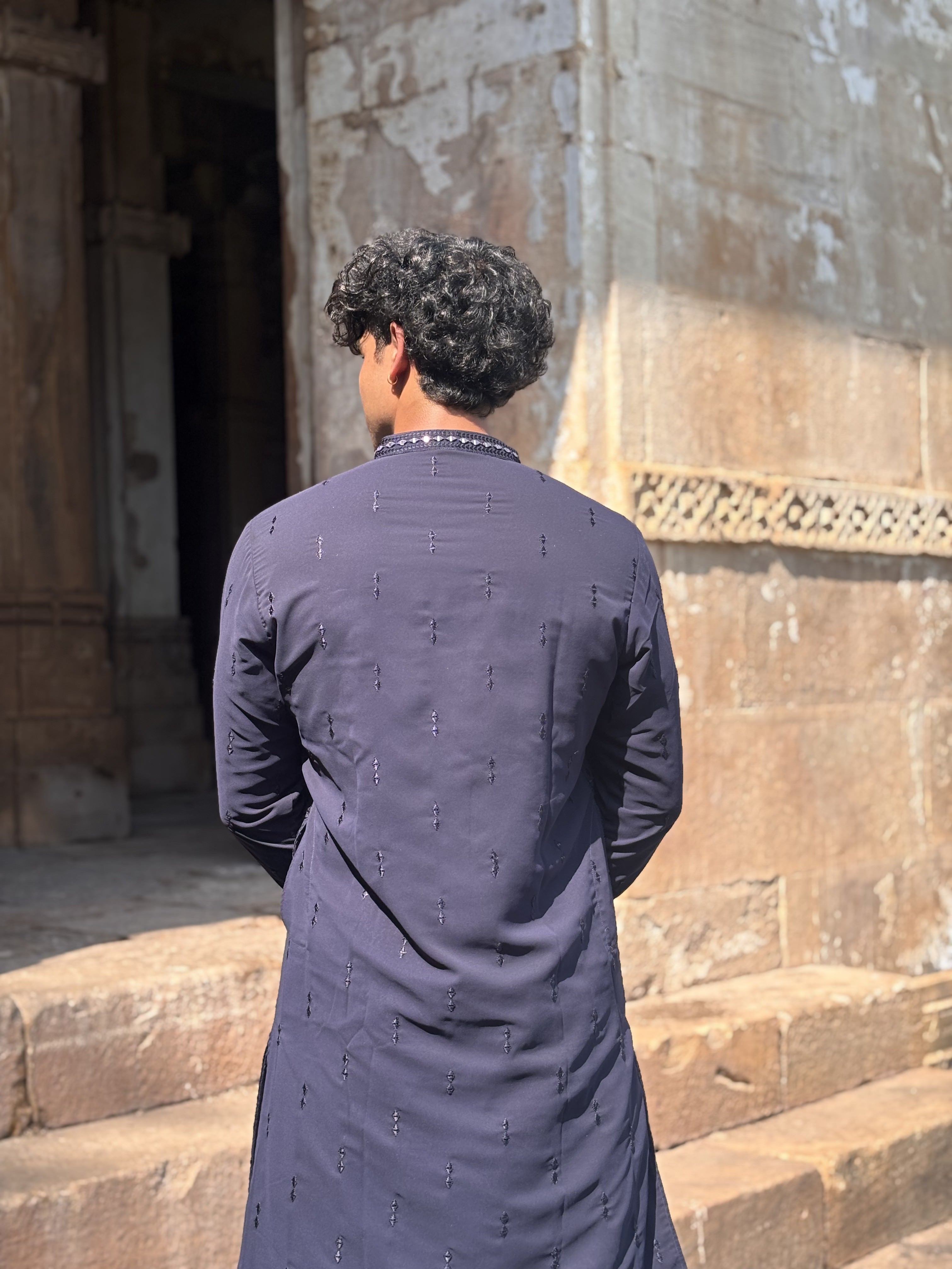 Navy Blue Lucknowi with Mirror work Kurta Patiala Set