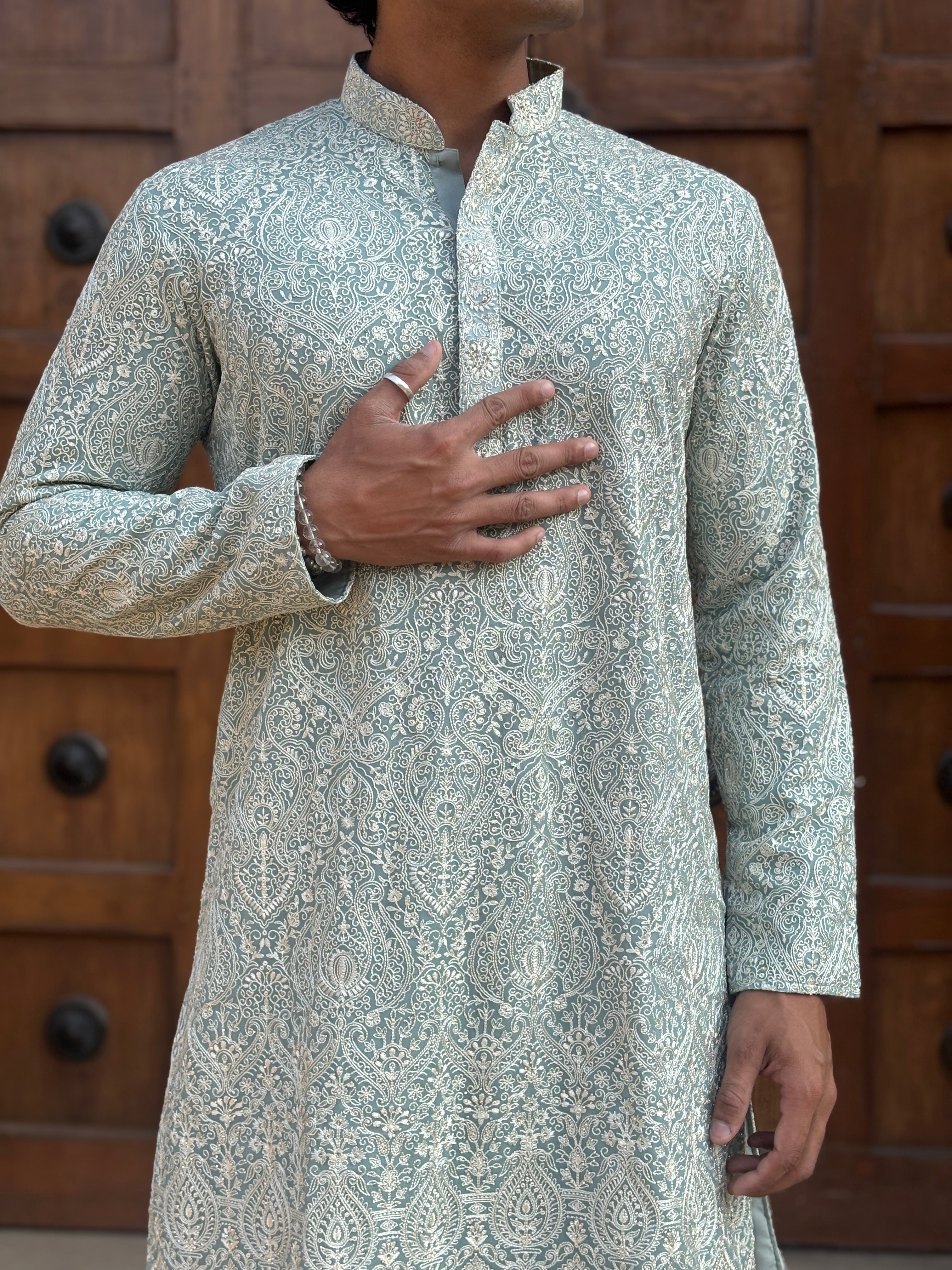 Sea Green Georgette Lucknowi Kurta Patiala Set