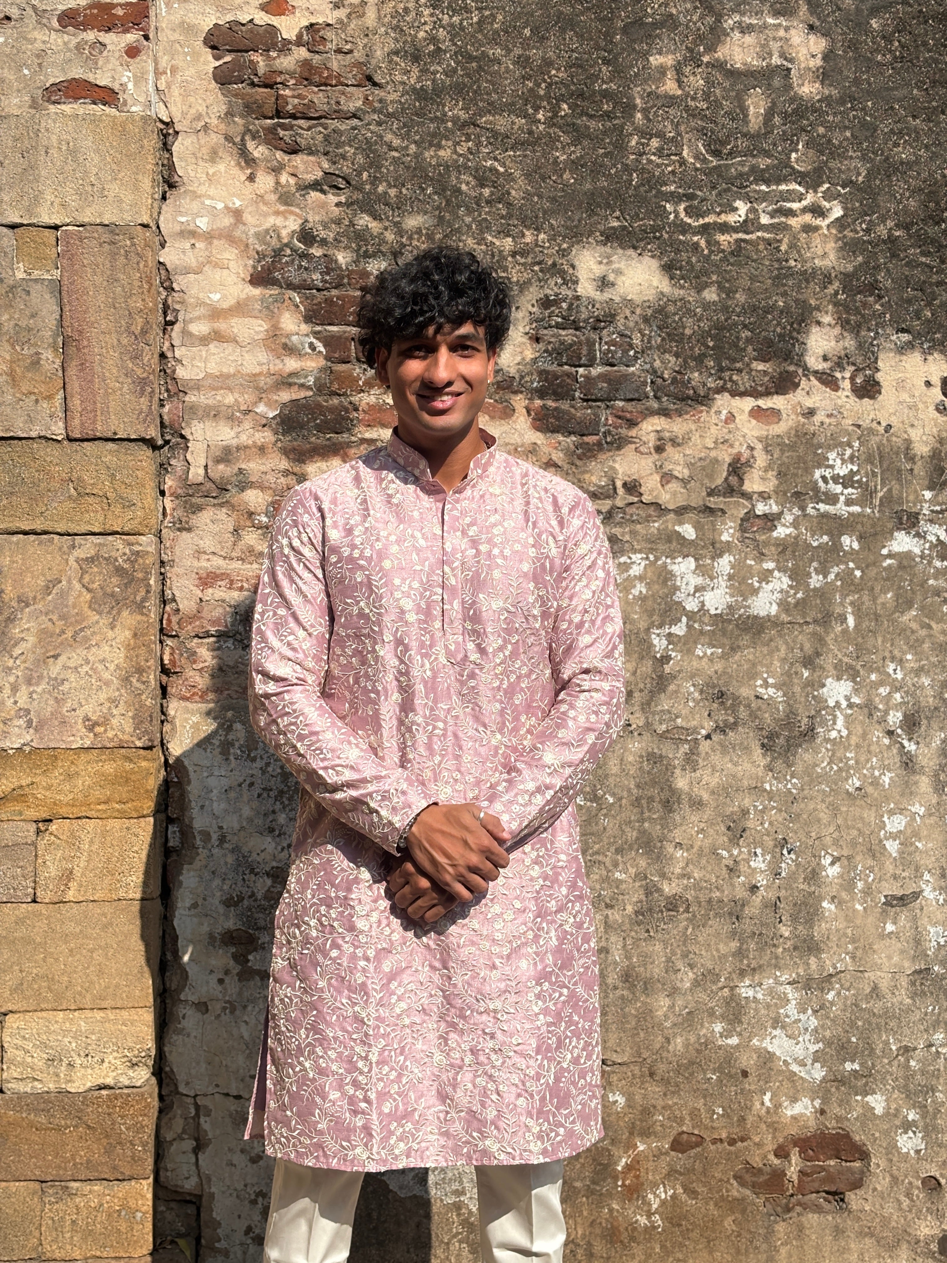 Rose Pink Silk Embroidered Kurta Set