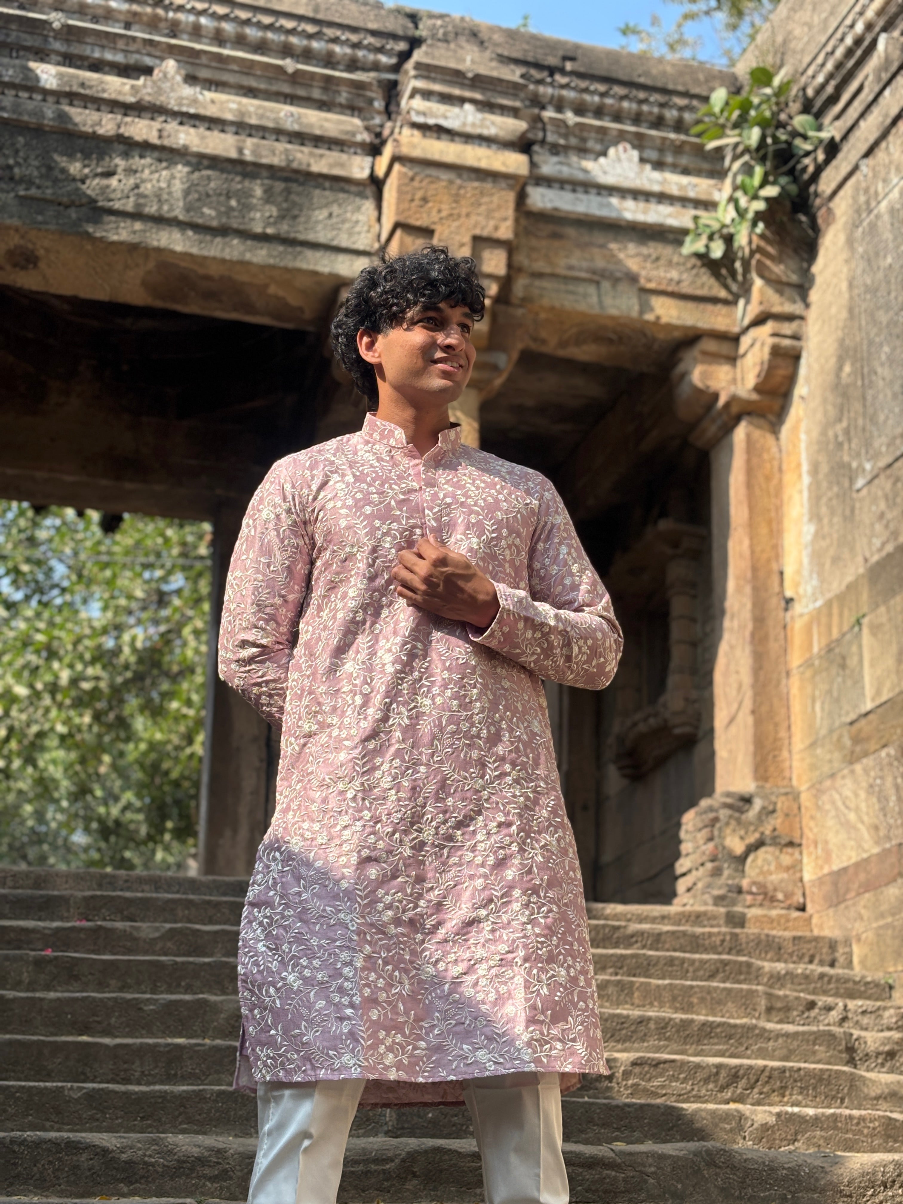 Rose Pink Silk Embroidered Kurta Set