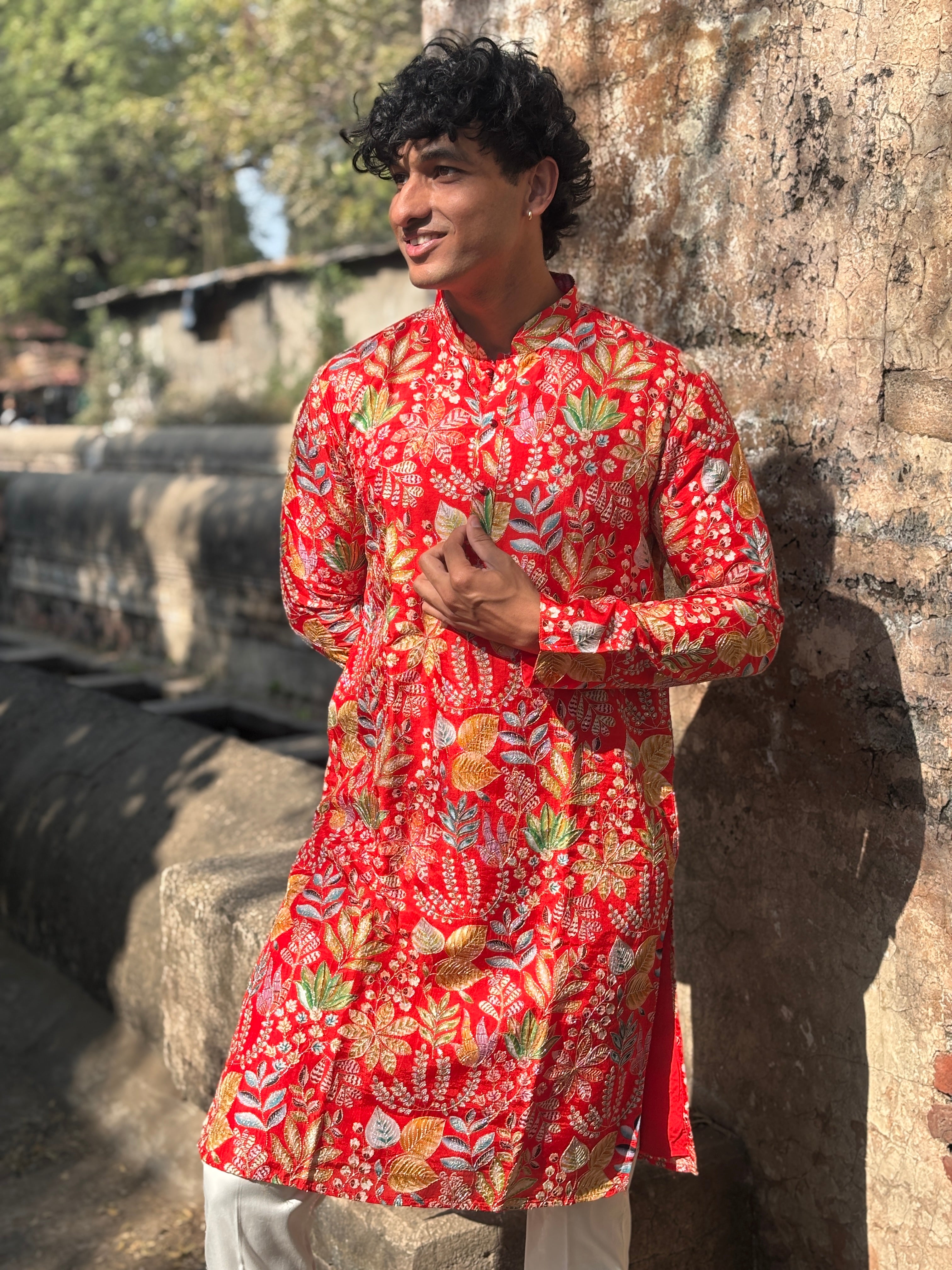 Red Embroidered Lucknowi Kurta Set