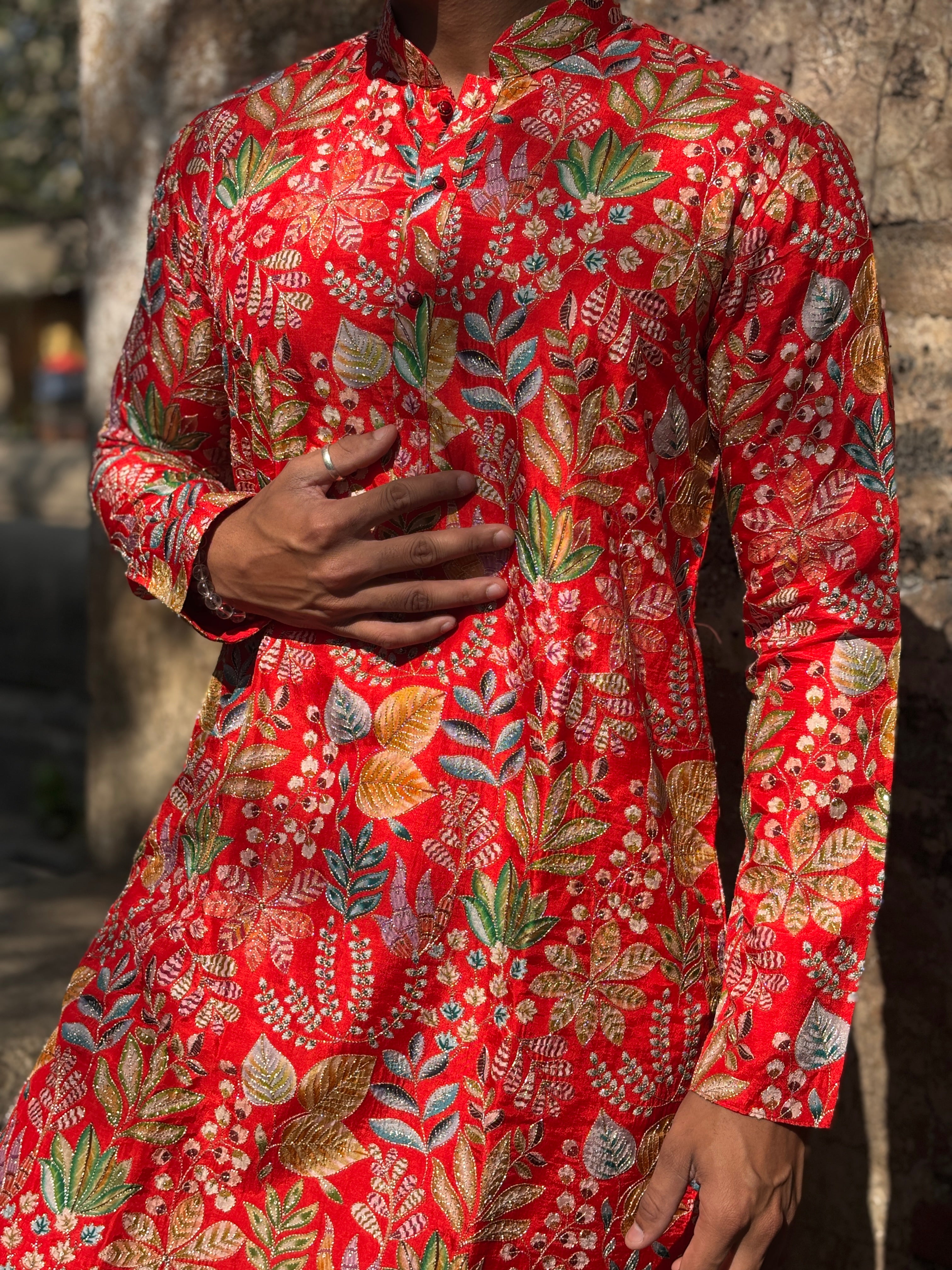 Red Embroidered Lucknowi Kurta Set