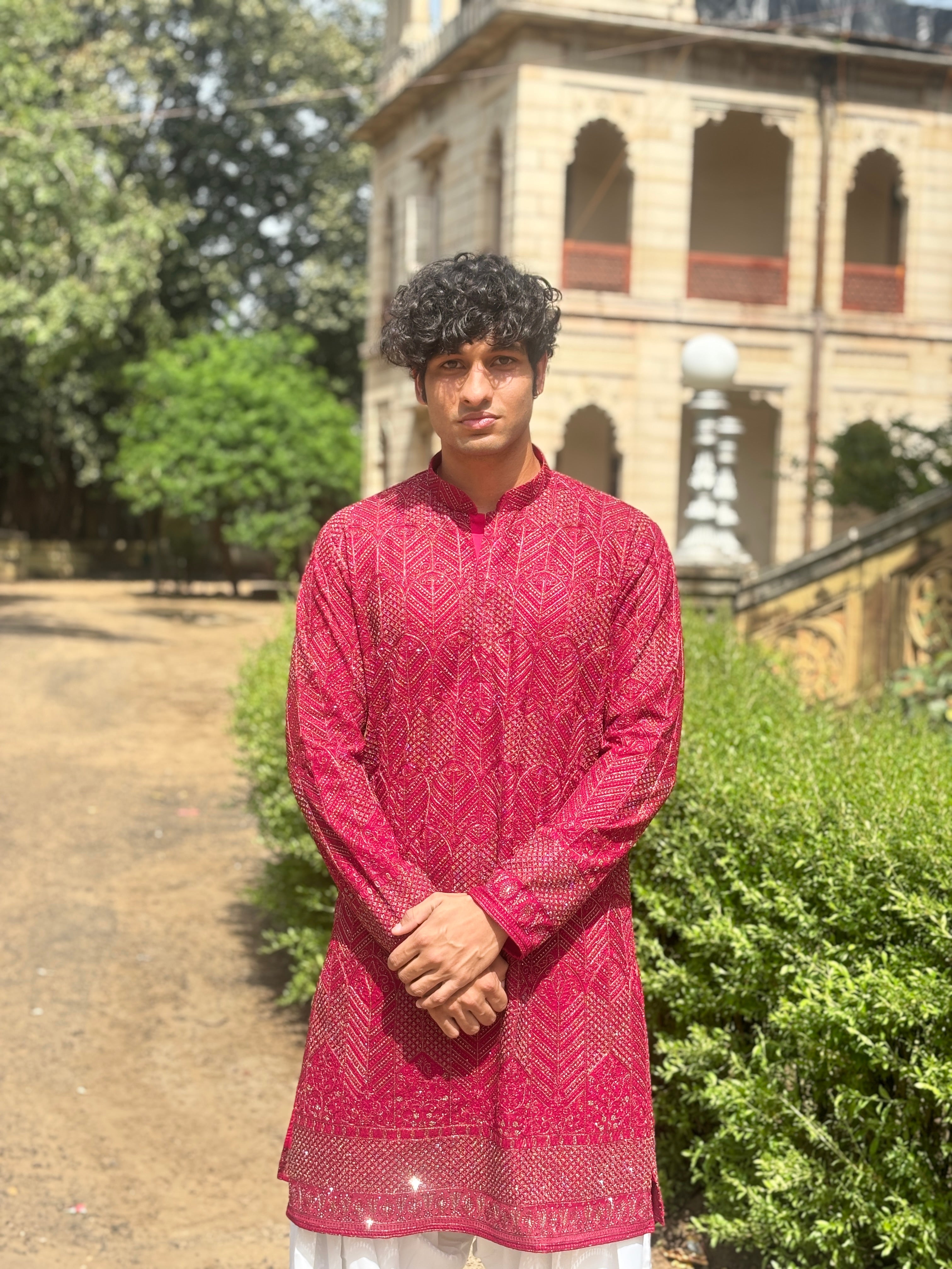 Rani Pink Pure Georgette Lucknowi Kurta Patiala Set