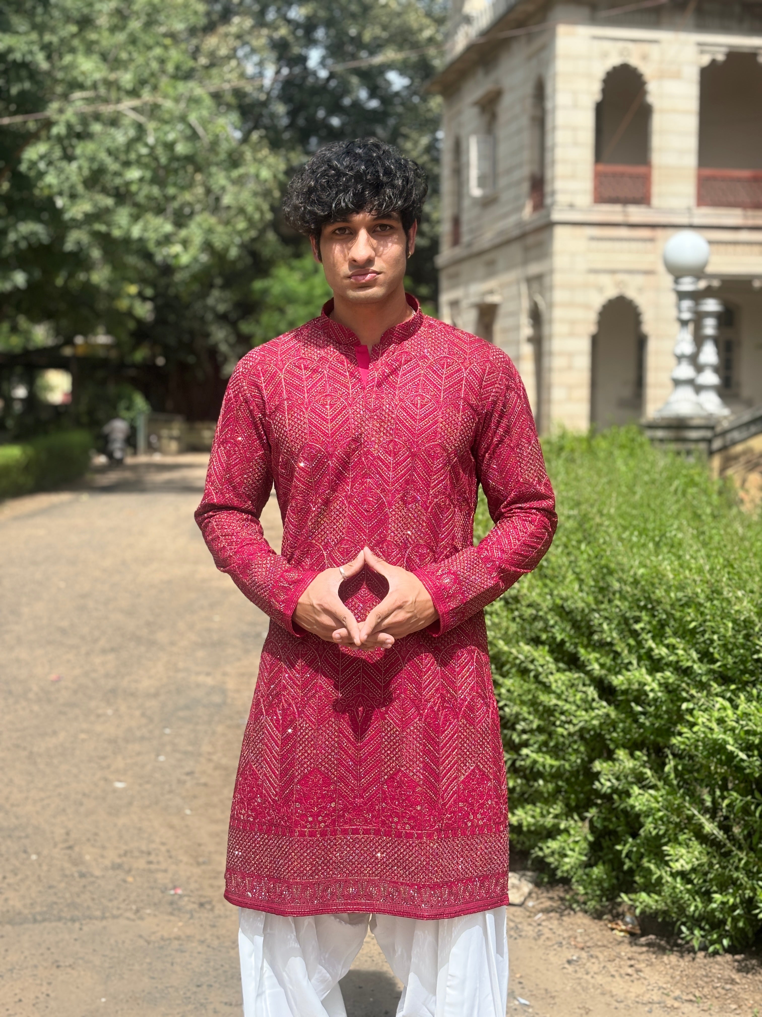 Rani Pink Pure Georgette Lucknowi Kurta Patiala Set