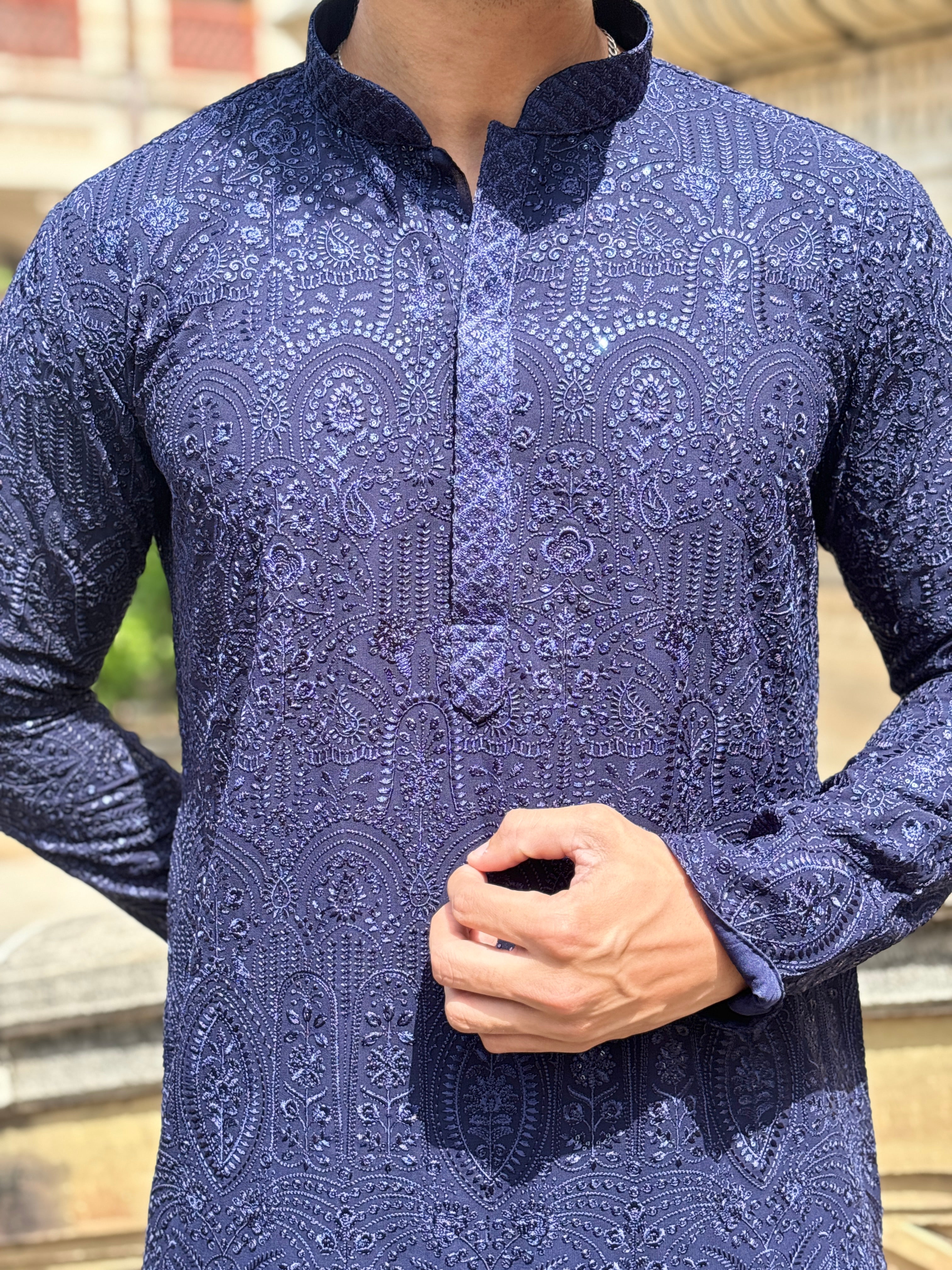 Navy Blue Pure Georgette Lucknowi Kurta Patiala Set