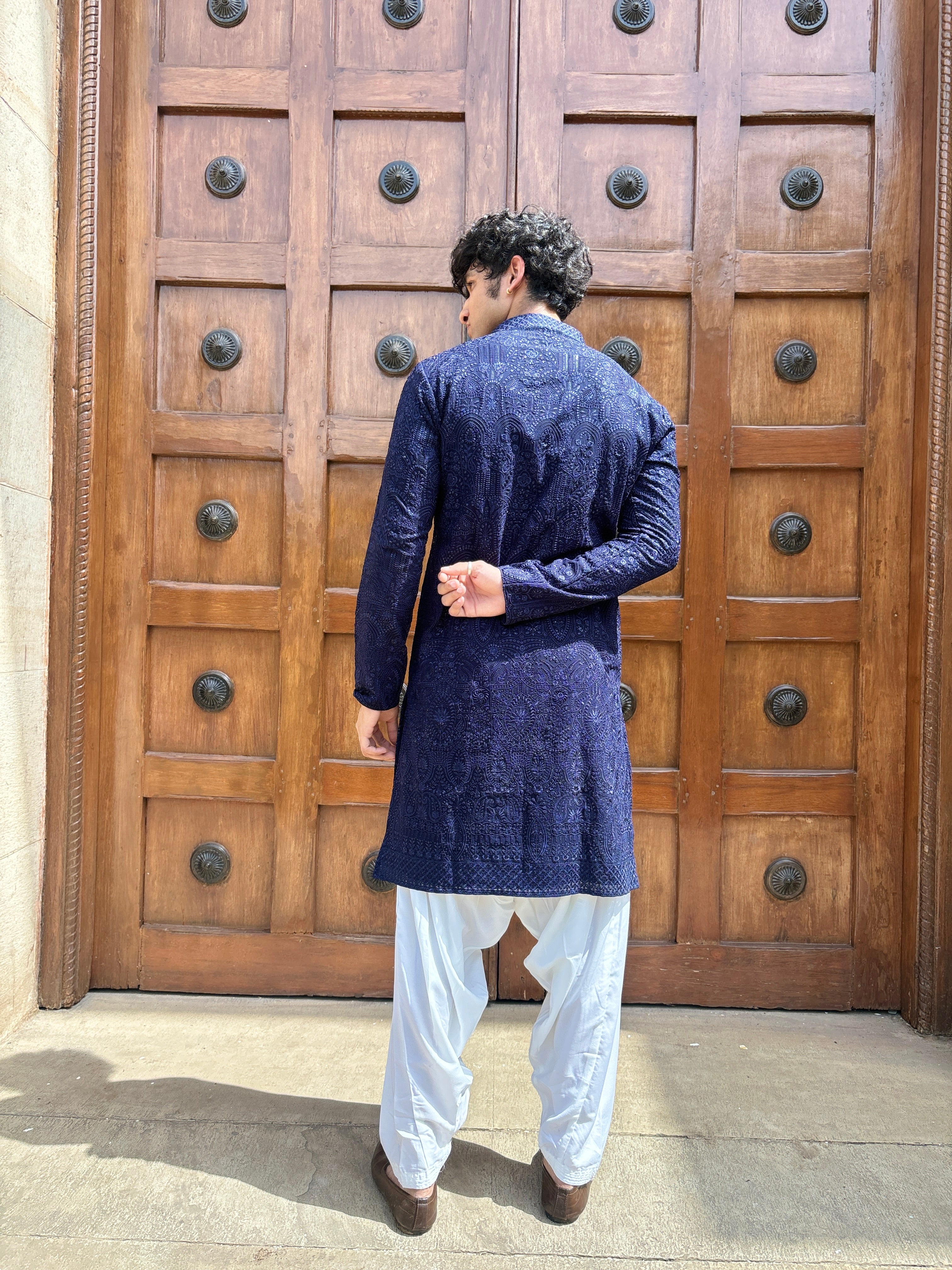 Navy Blue Pure Georgette Lucknowi Kurta Patiala Set