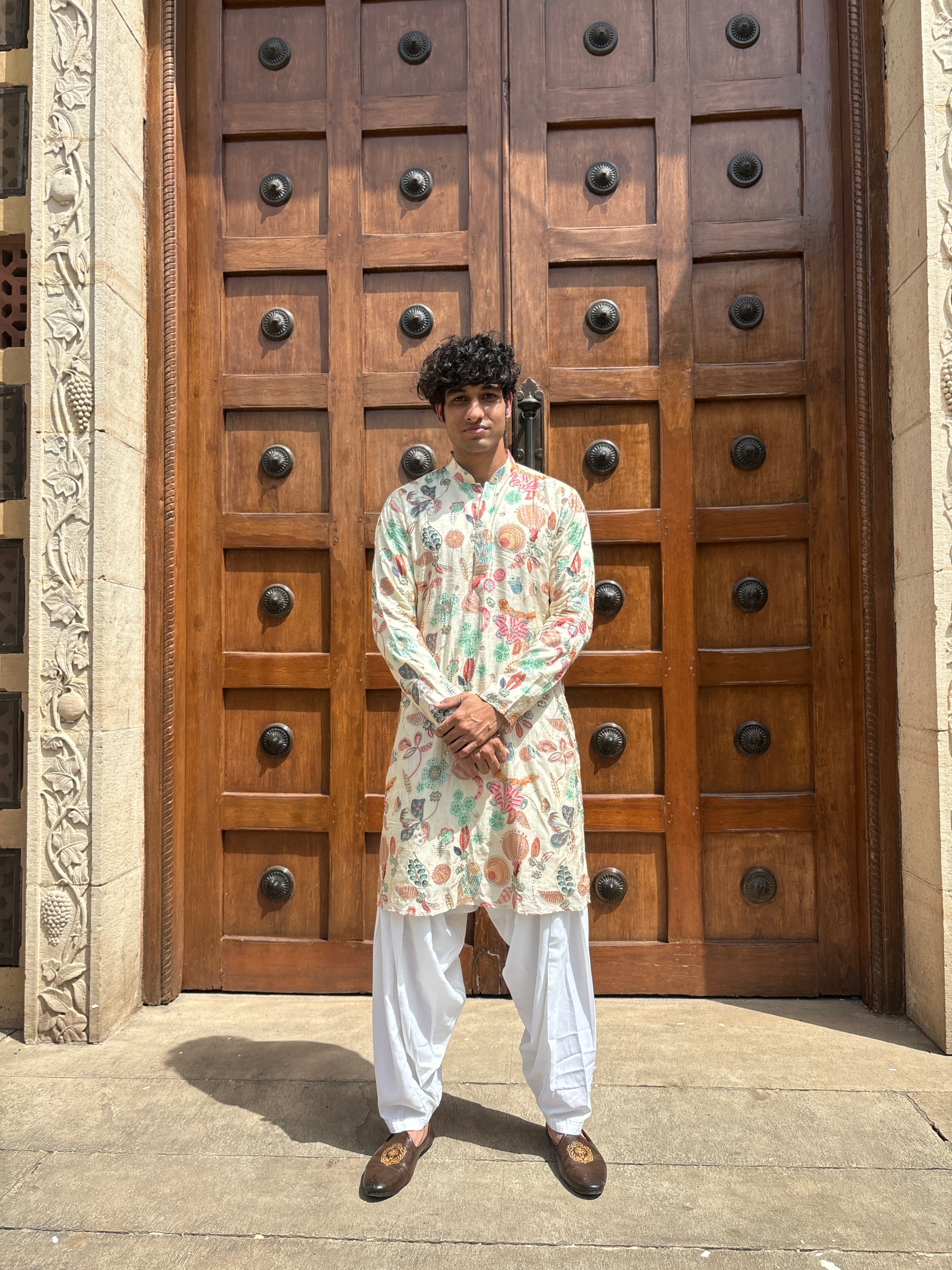 Cream Position Print with Embroidery Kurta Patiala Set