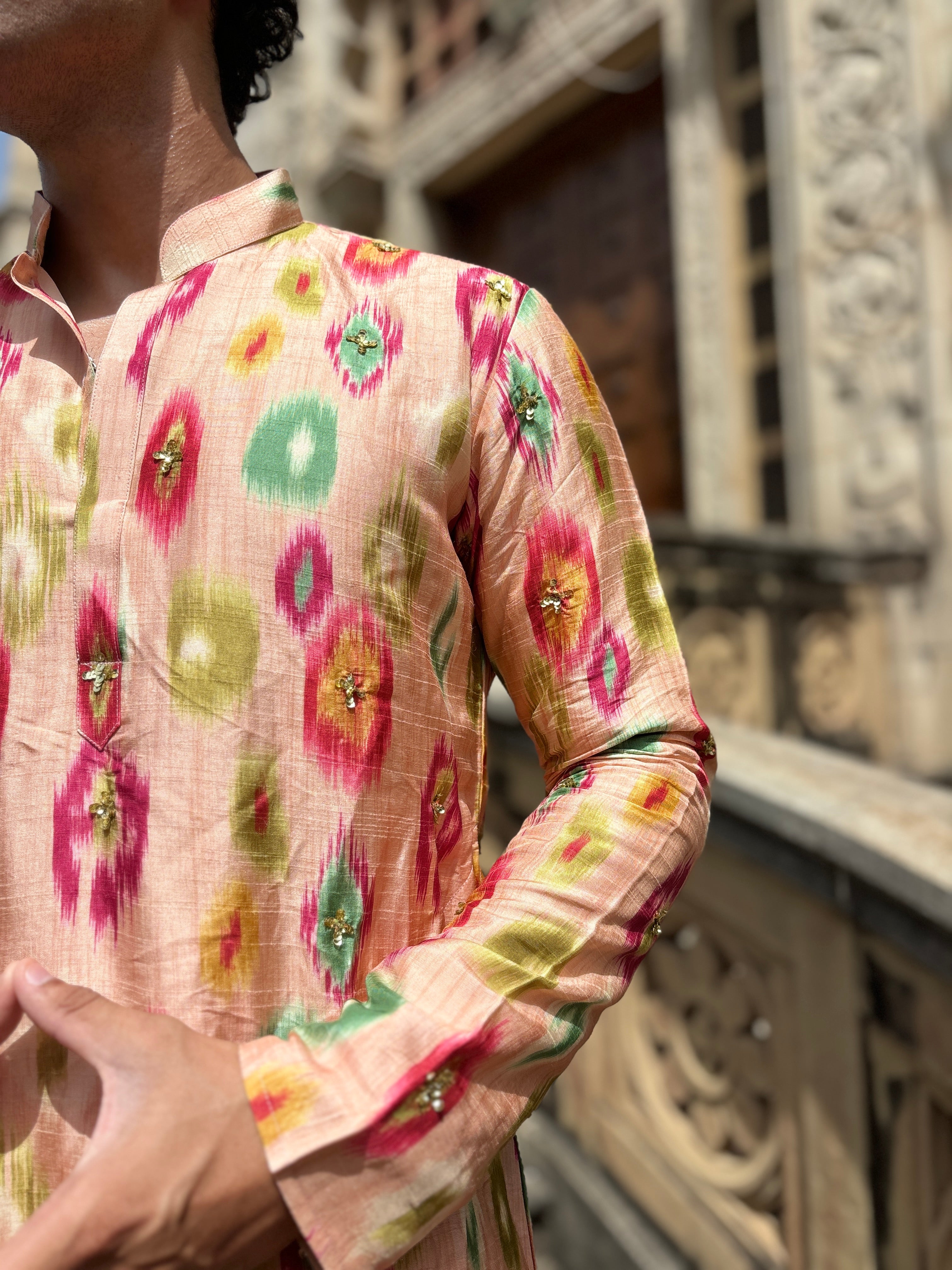 Ivory Print Kurta Set With Handwork touch up