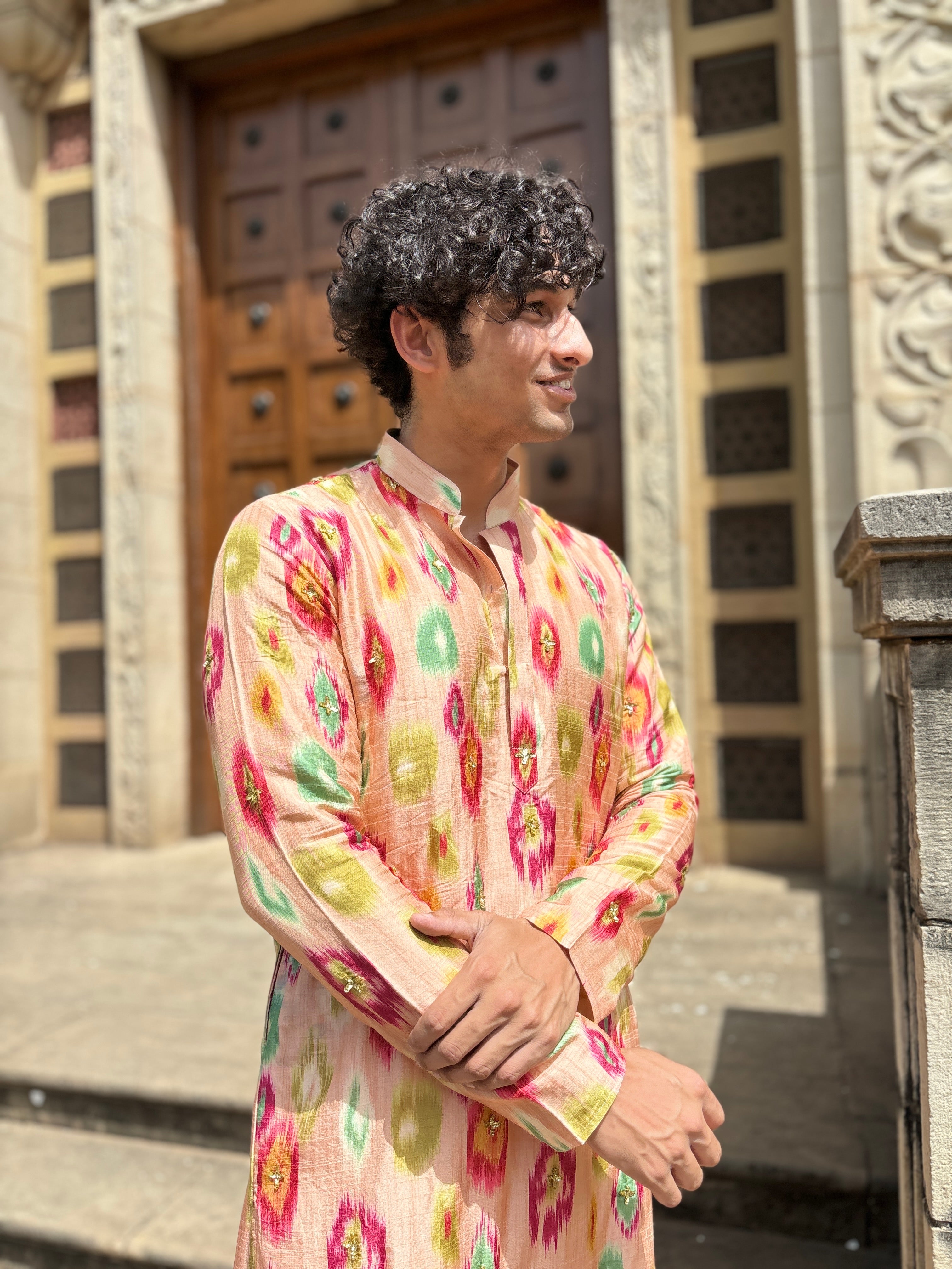 Ivory Print Kurta Set With Handwork touch up