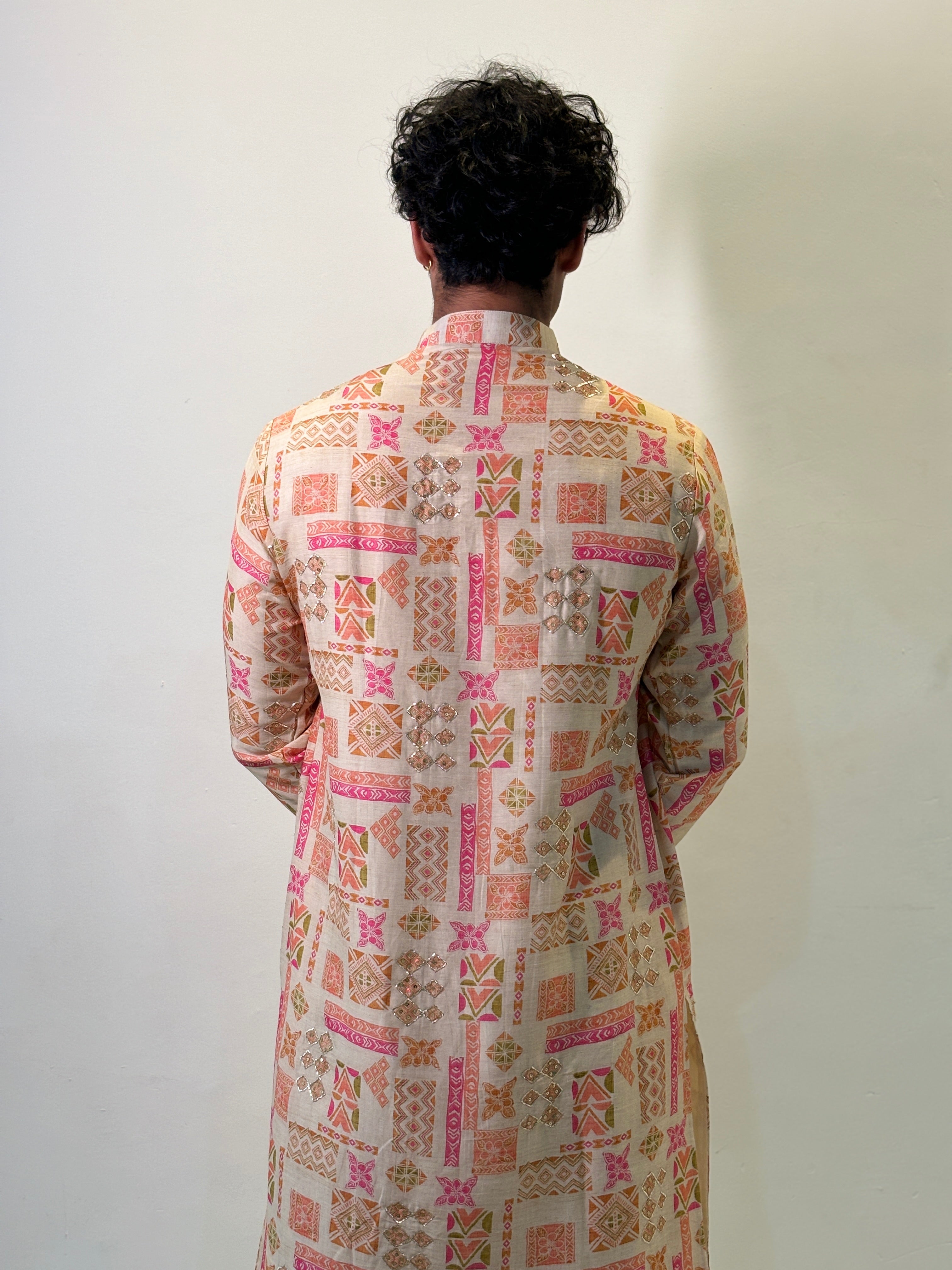 Cream Vintage Printed Kurta Patiala Set with Handwork touch up