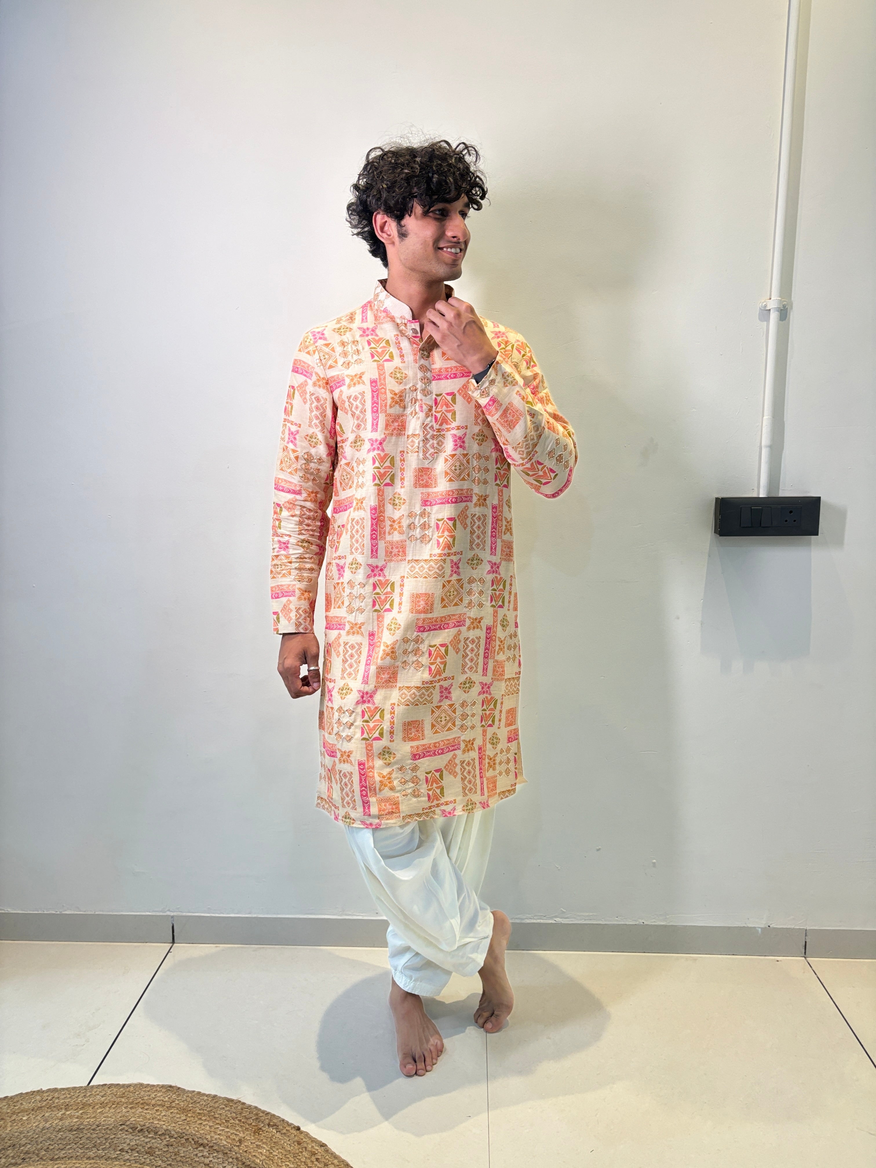 Cream Vintage Printed Kurta Patiala Set with Handwork touch up