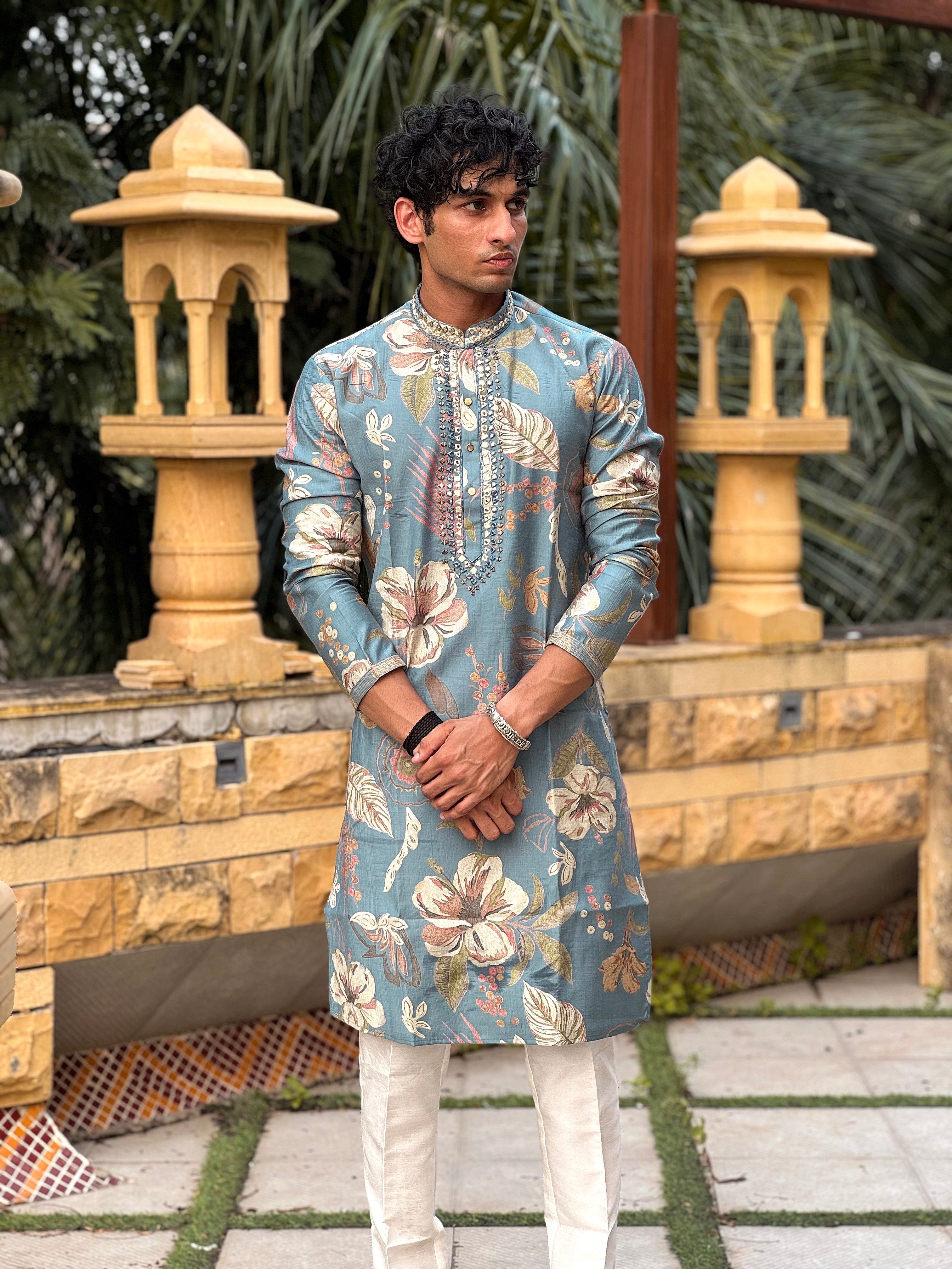 Magnet Men's Blue Muslin Cotton Mirror Work Kurta Trouser Set