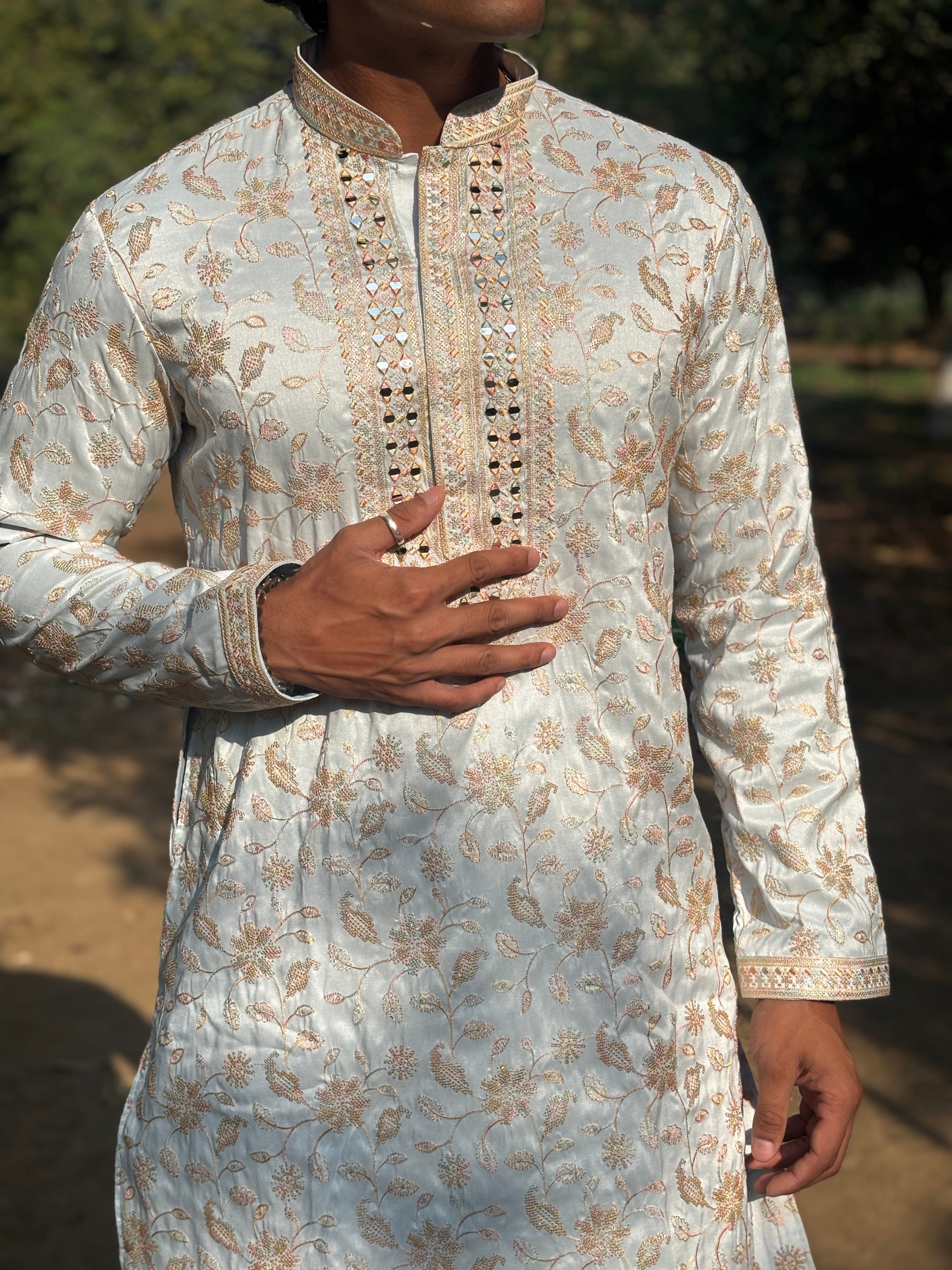 Sky Blue Mirror Work with Embroidery Kurta Trouser Set