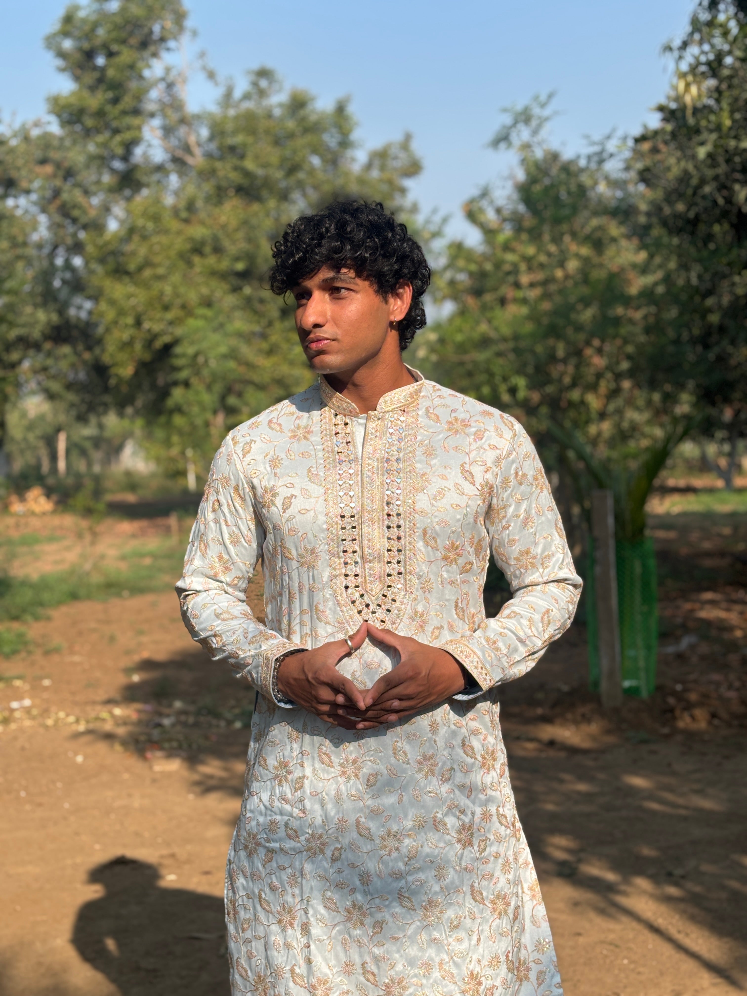 Sky Blue Mirror Work with Embroidery Kurta Trouser Set