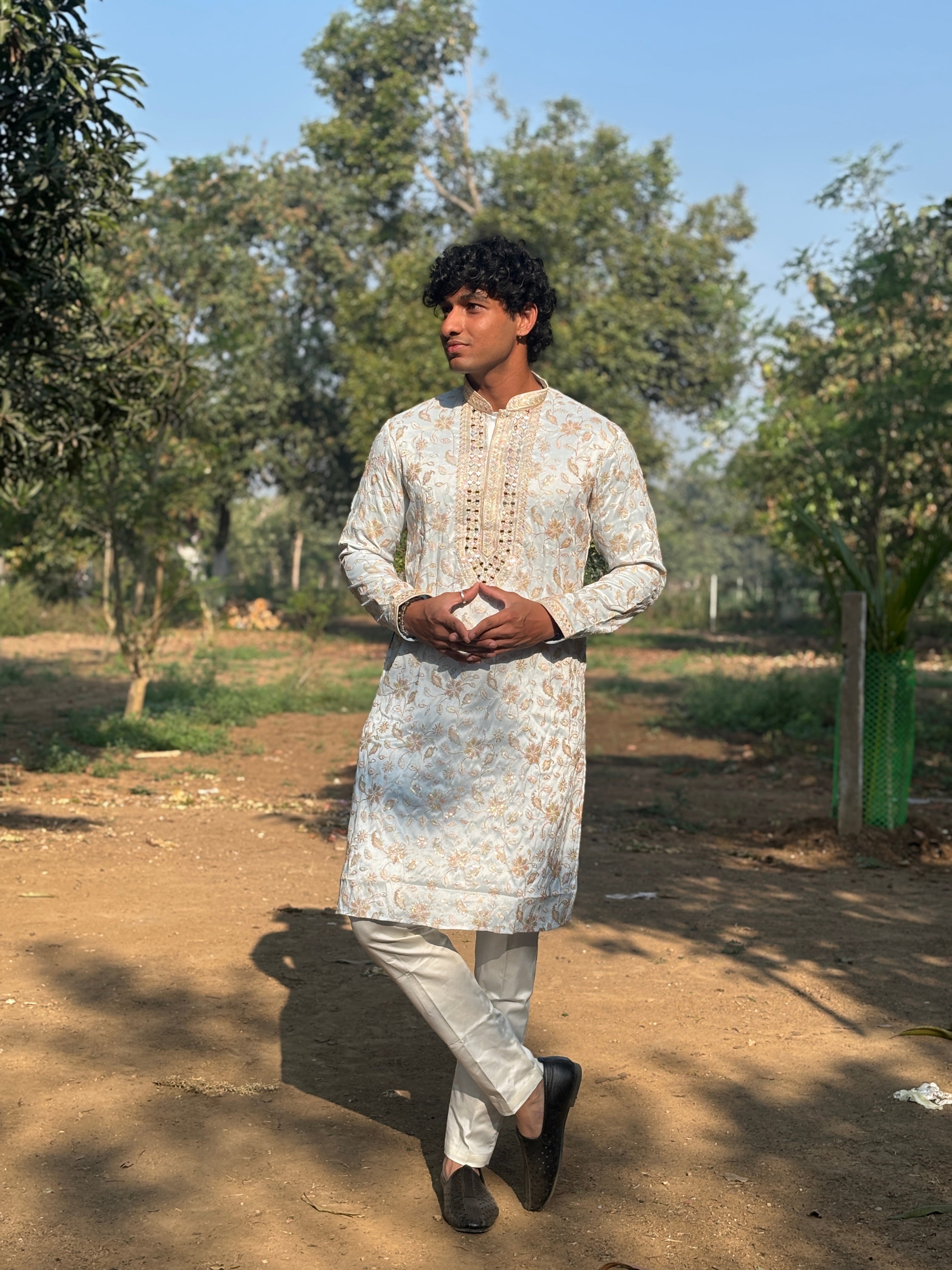Sky Blue Mirror Work with Embroidery Kurta Trouser Set
