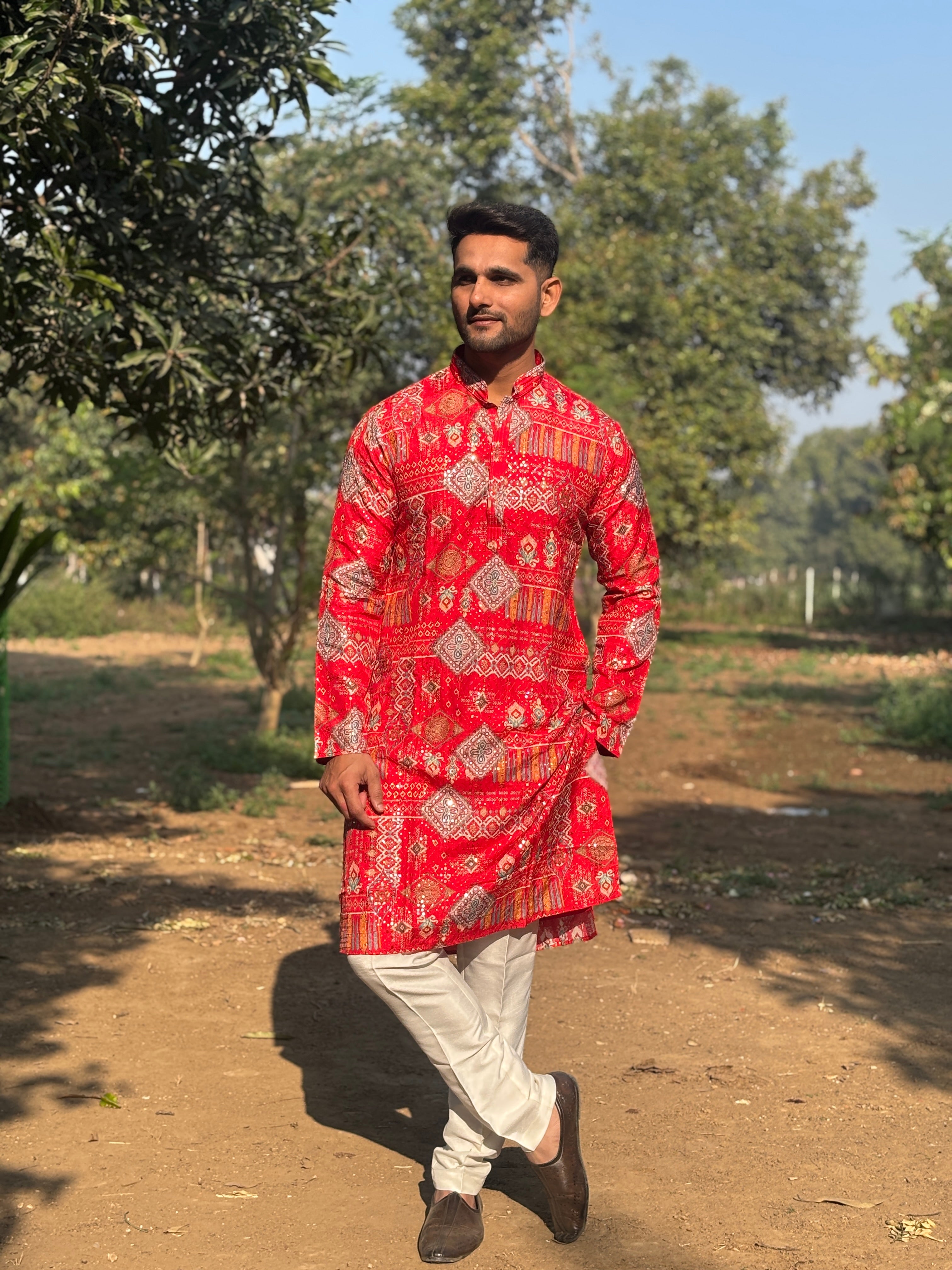 Red Lucknowi Print Kurta Set