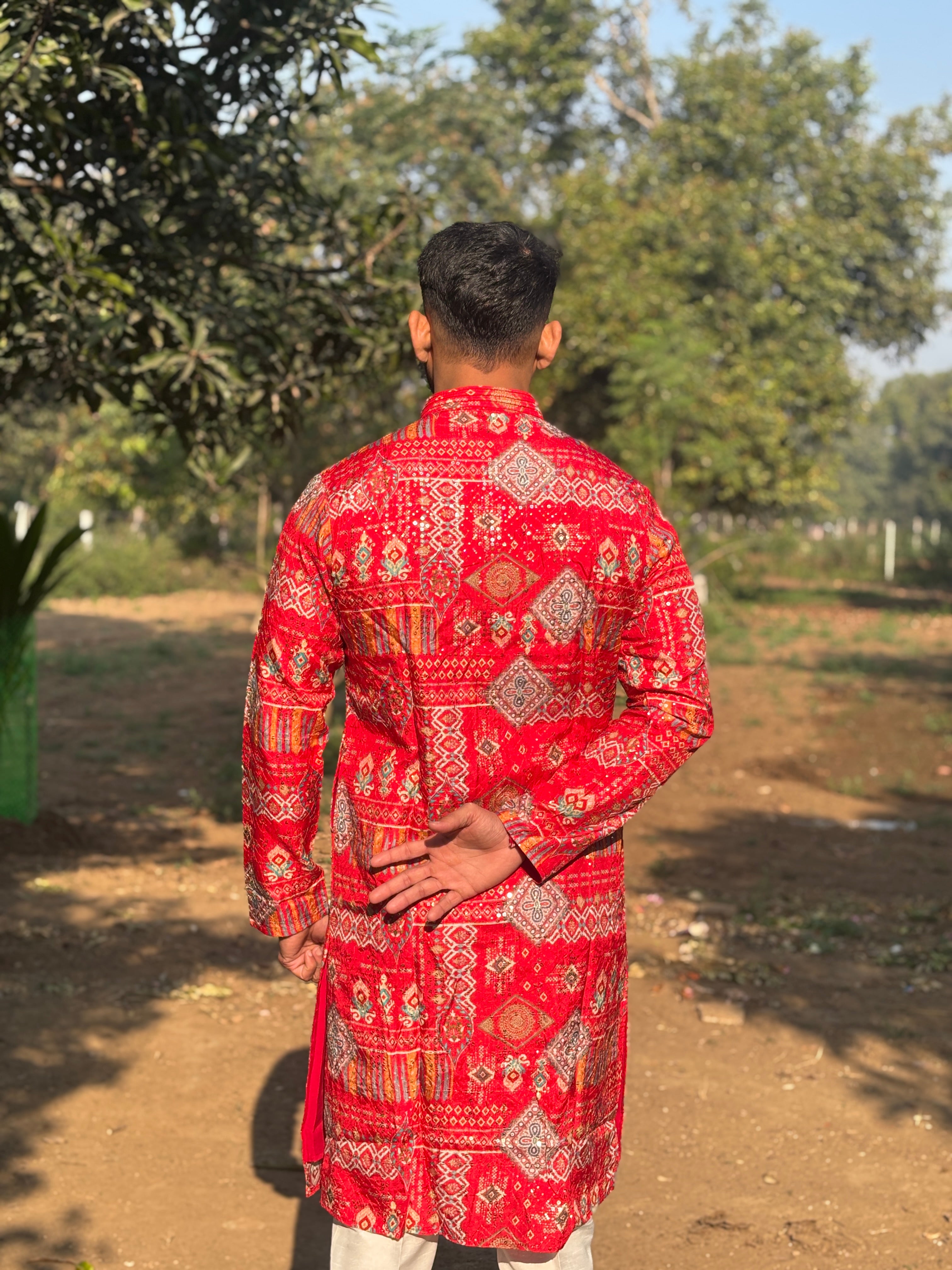Red Lucknowi Print Kurta Set