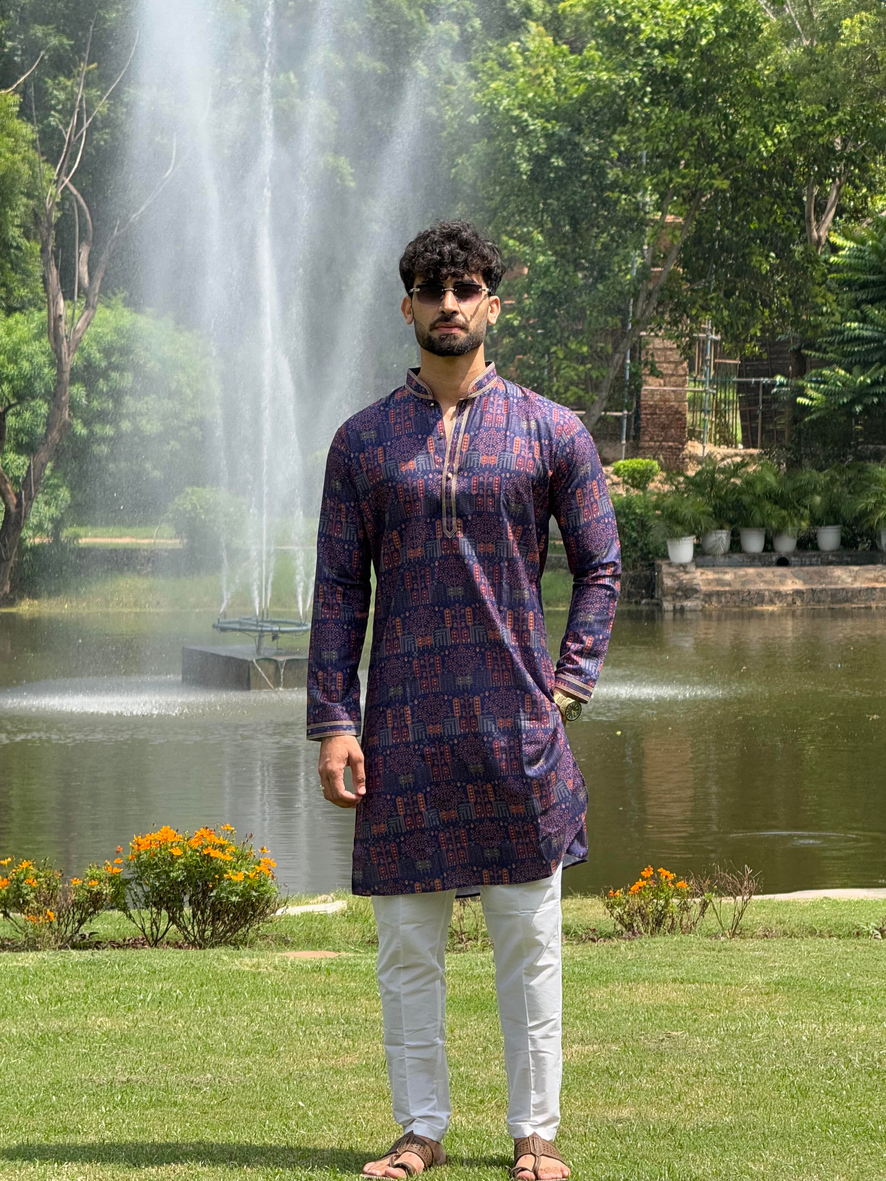 Men Blue Printed Pintex Kurta Only
