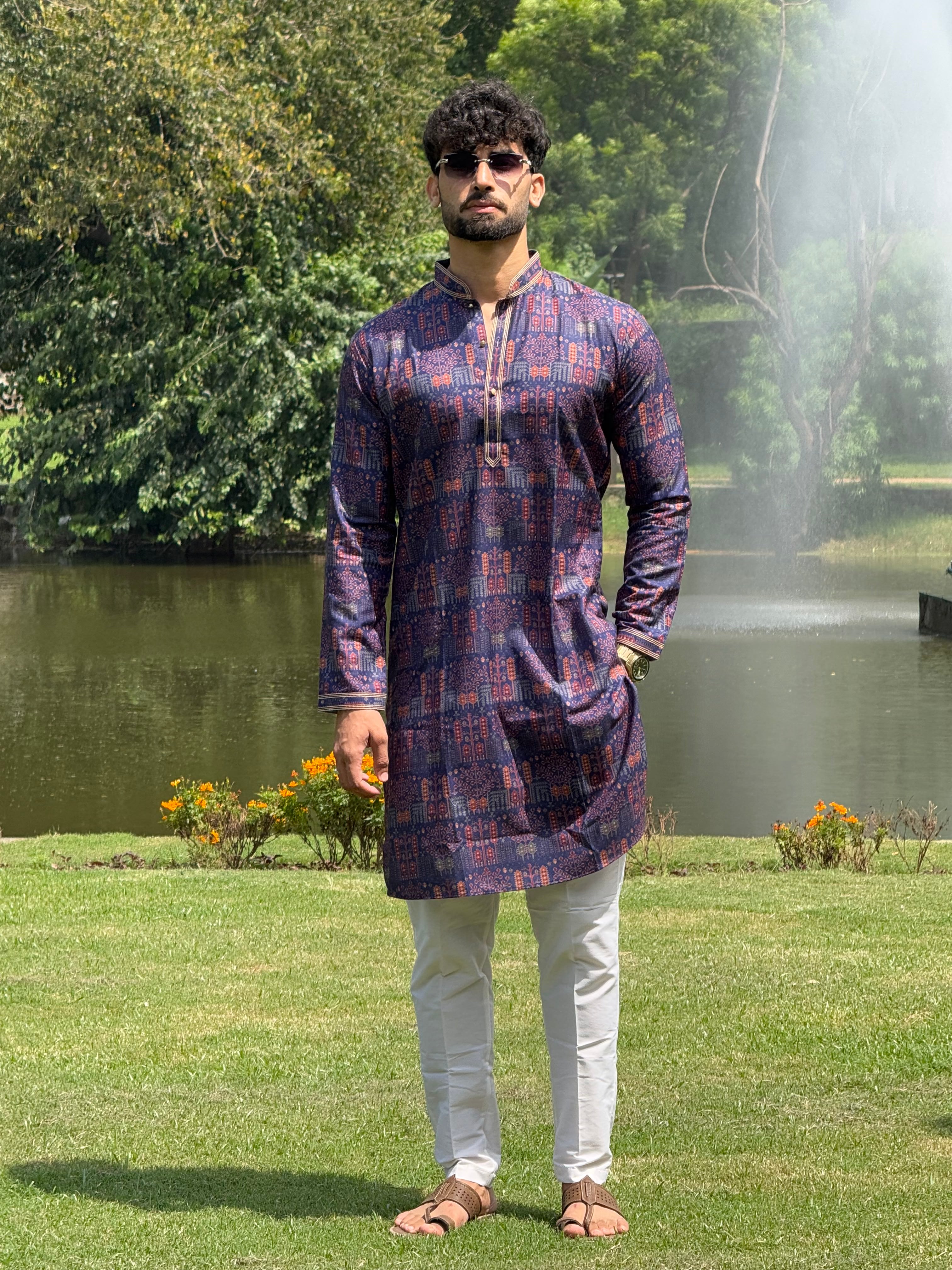 Men Blue Printed Pintex Kurta Only