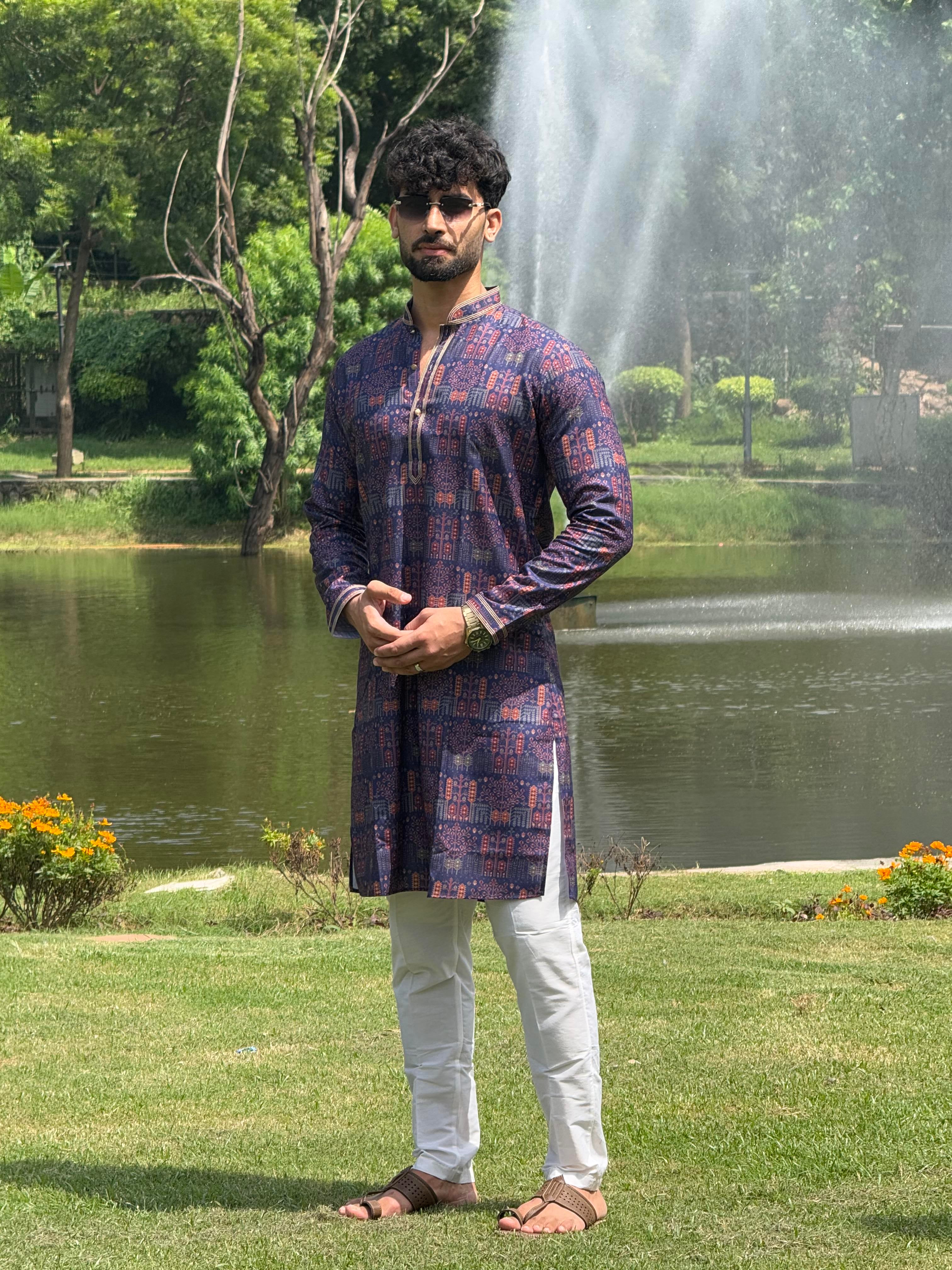 Men Blue Printed Pintex Kurta Only
