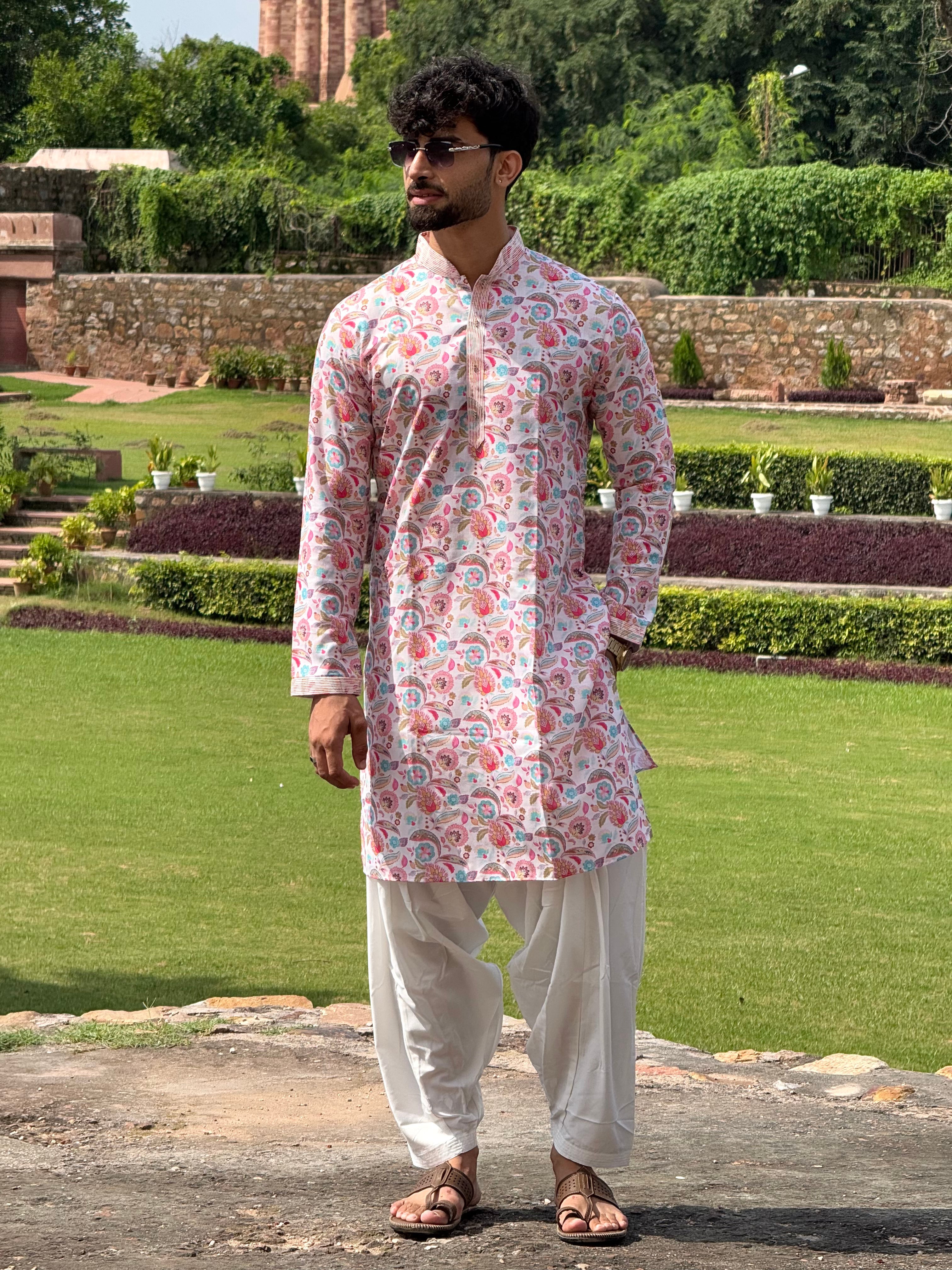 Men Off White Floral Pintex Kurta Patiala Set