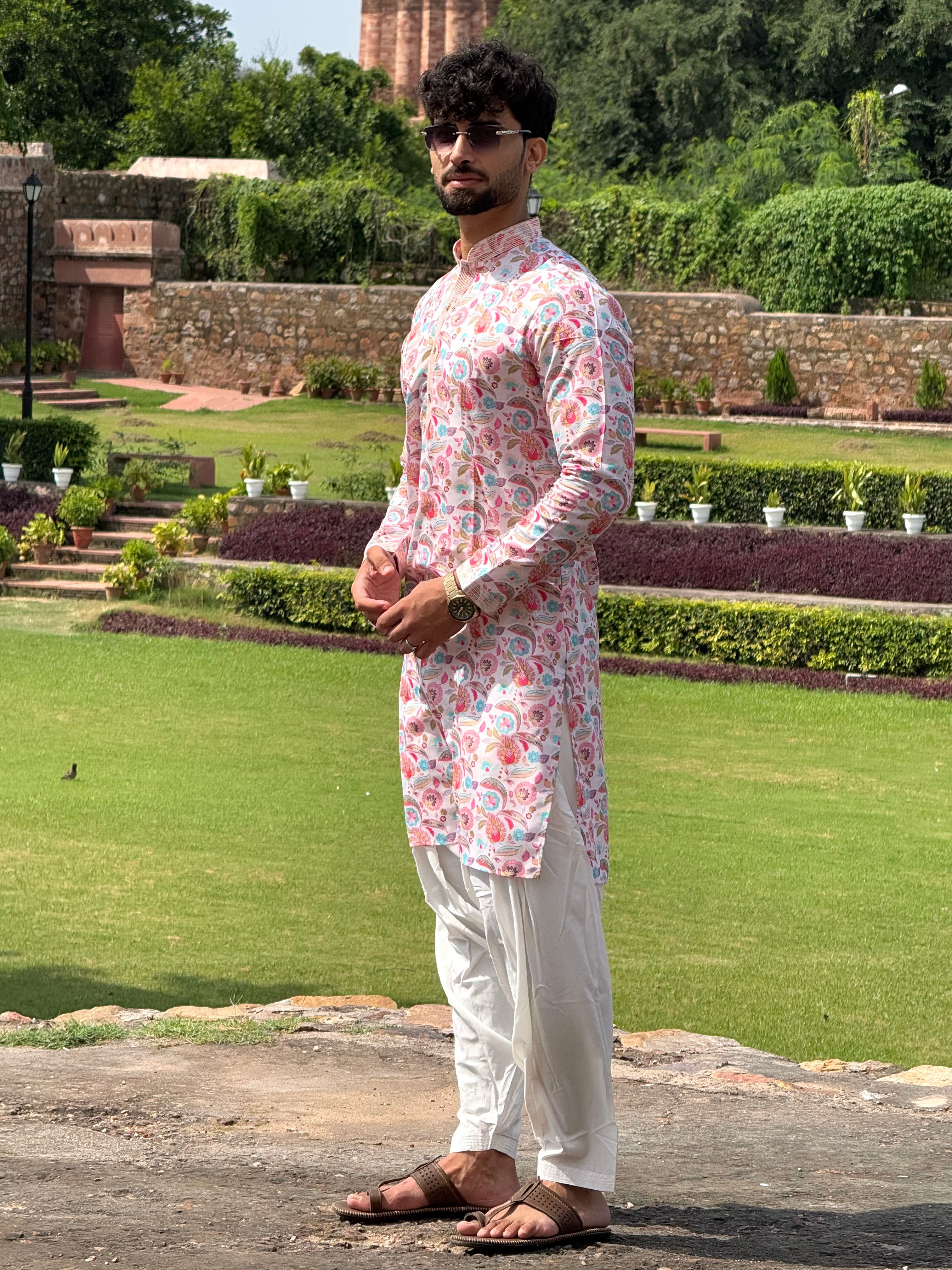 Men Off White Floral Pintex Kurta Patiala Set
