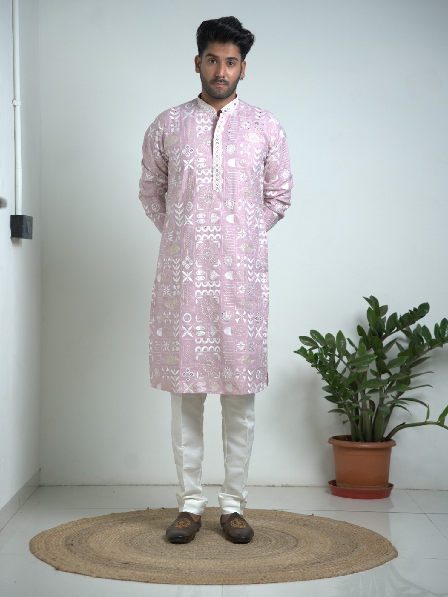 Pink Lucknowi Embroidered Kurta Trouser Set